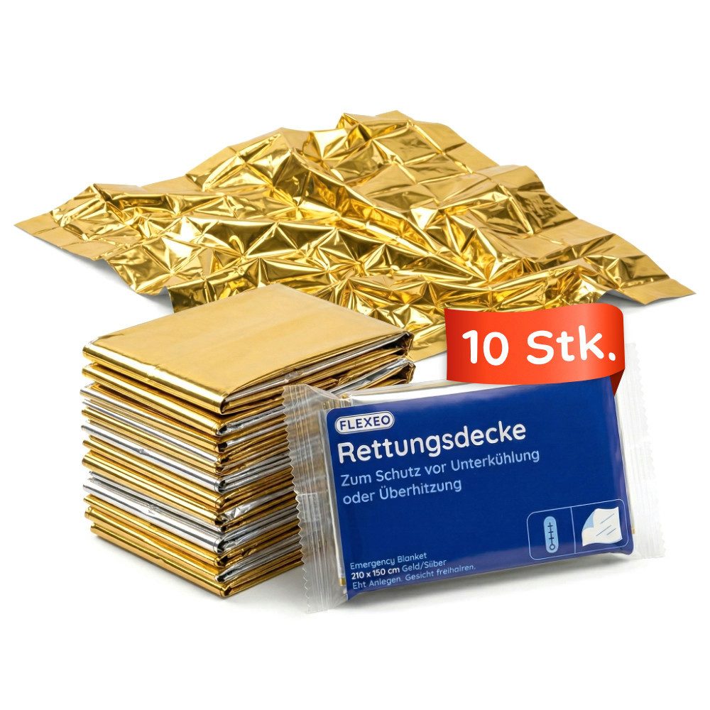 FLEXEO Erste-Hilfe-Set Rettungsdecken, (10 St), Rettungfolie gold/silber Erste-Hilfe-Decke