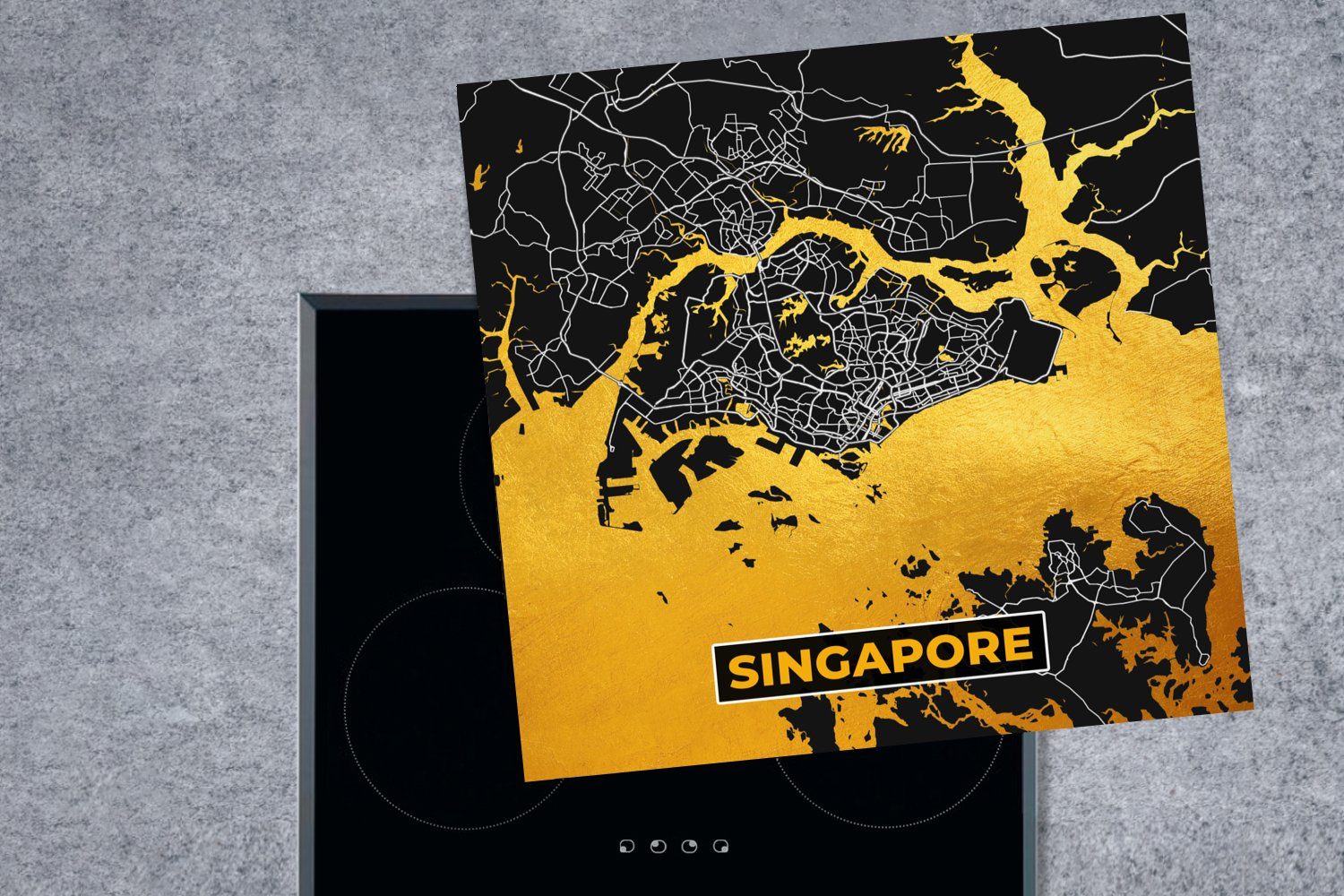 cm, 78x78 MuchoWow - Gold Arbeitsplatte für Ceranfeldabdeckung, Stadtplan, (1 Vinyl, Herdblende-/Abdeckplatte Karte - küche Singapur - tlg),