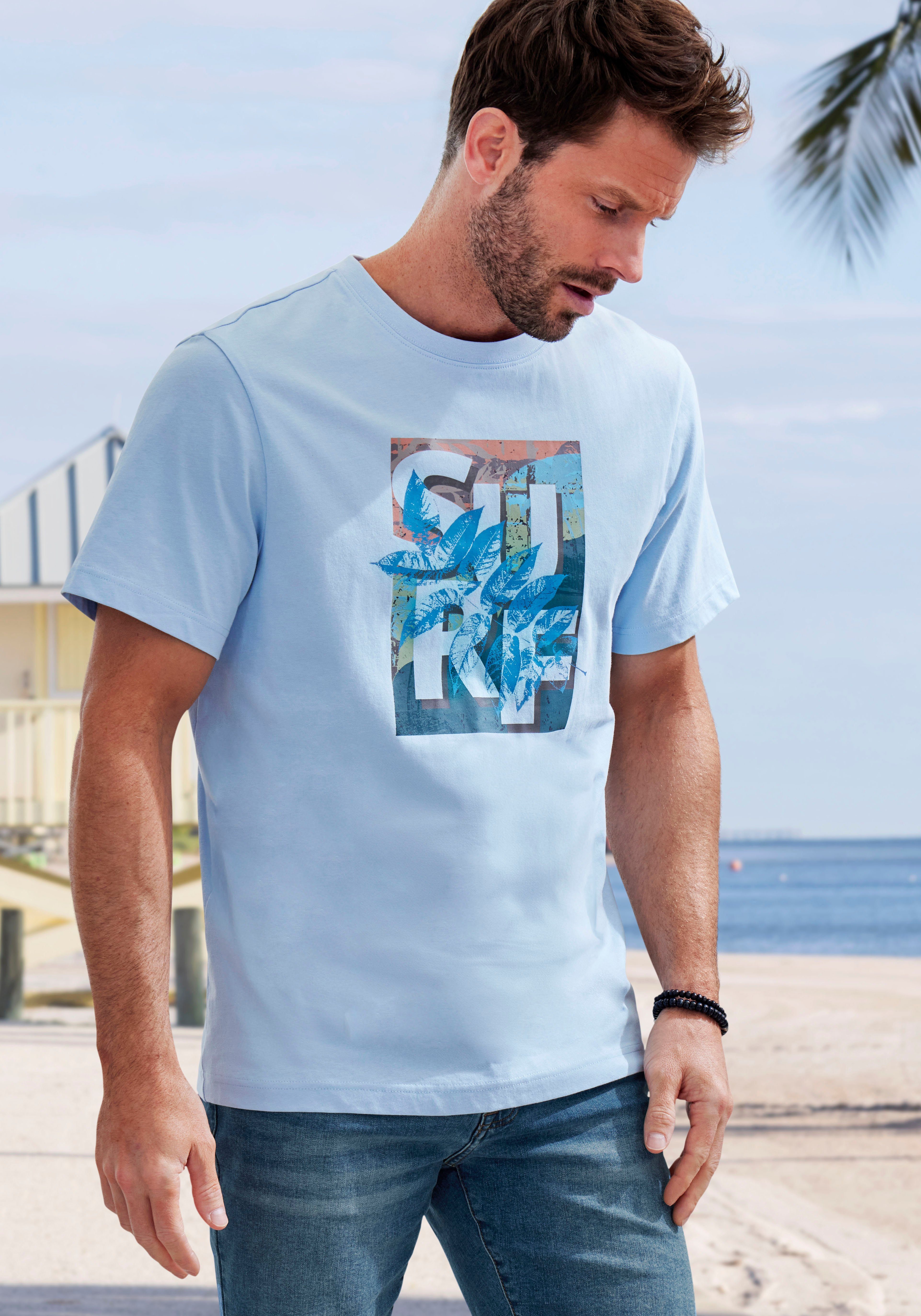 John Devin T-Shirt Rundhalsshirt mit Surf -Aufdruck aus reiner Baumwolle