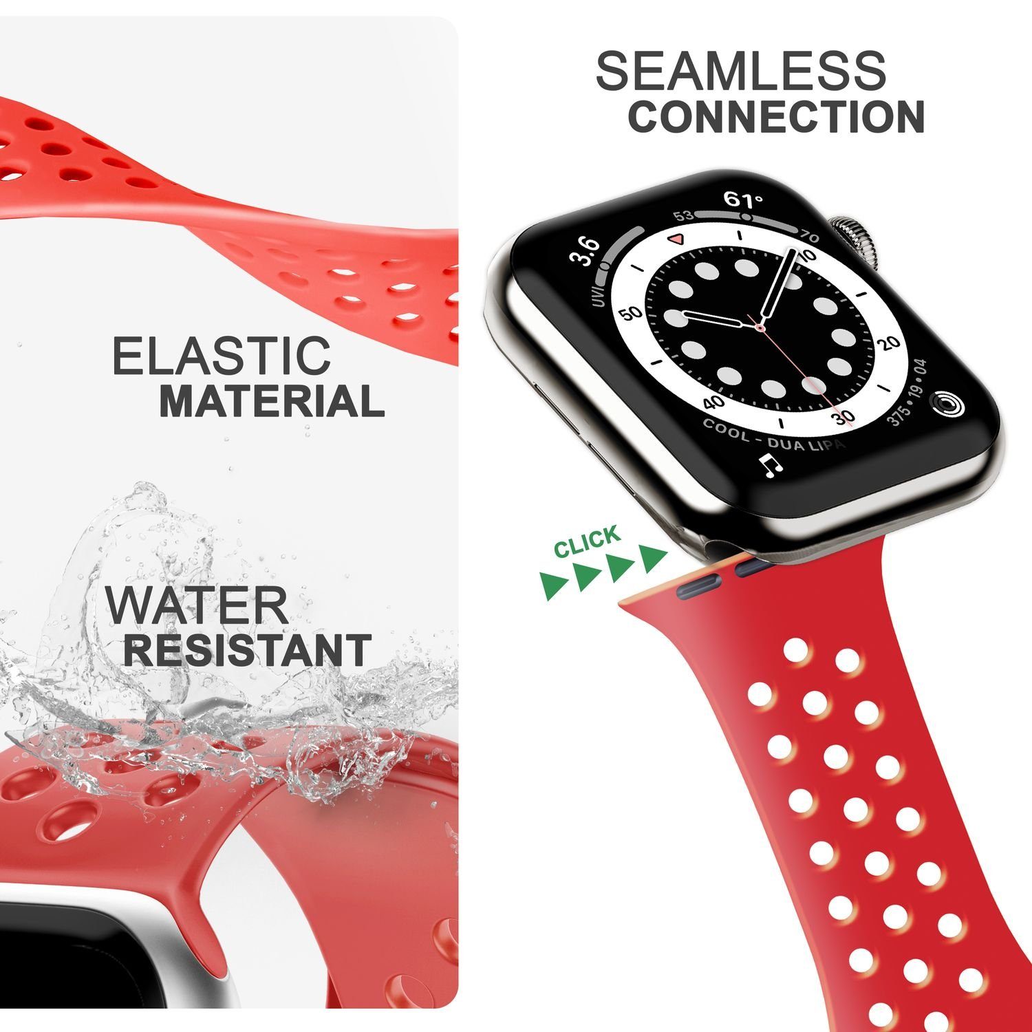 Nalia Smartwatch-Armband Watch Silikon / Fitness Sport Gelochtes Pastell Uhr Ersatzband 42mm/44mm/45mm/49mm, Atmungsaktiv für Apple / Rot