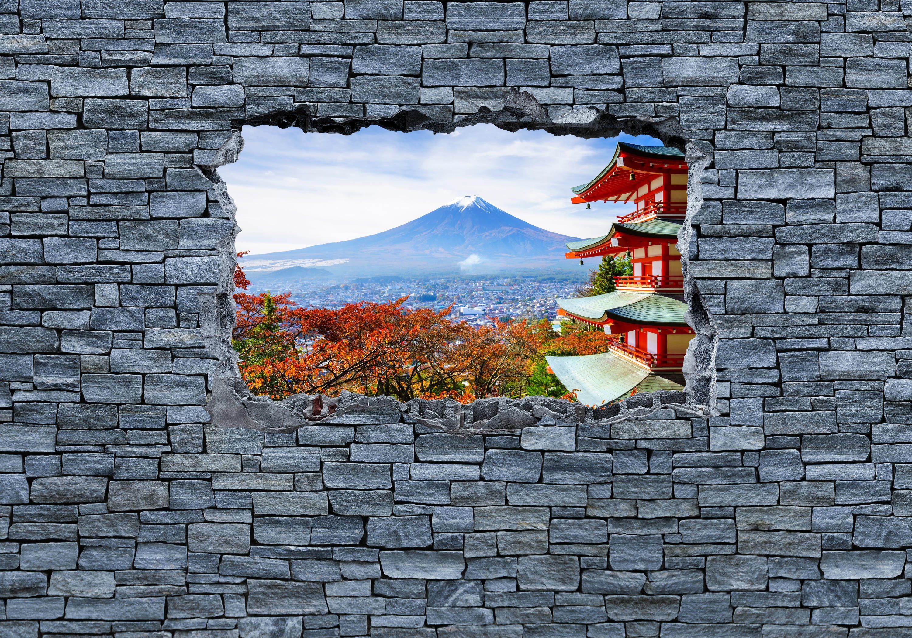 wandmotiv24 Fototapete 3D Optik -Mount Fuji-Chureito Pagoda, glatt, Wandtapete, Motivtapete, matt, Vliestapete