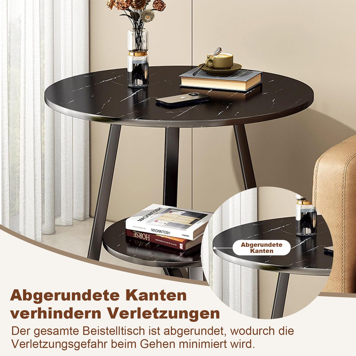 Refined Living Beistelltisch Couchtisch rund Sofatisch runde Beistelltische aus Holz & Metall (2 Ebenen Sofa Table Side Table Kaffee Couch Nachttisch Rund Schwa – Bild 4 von 5