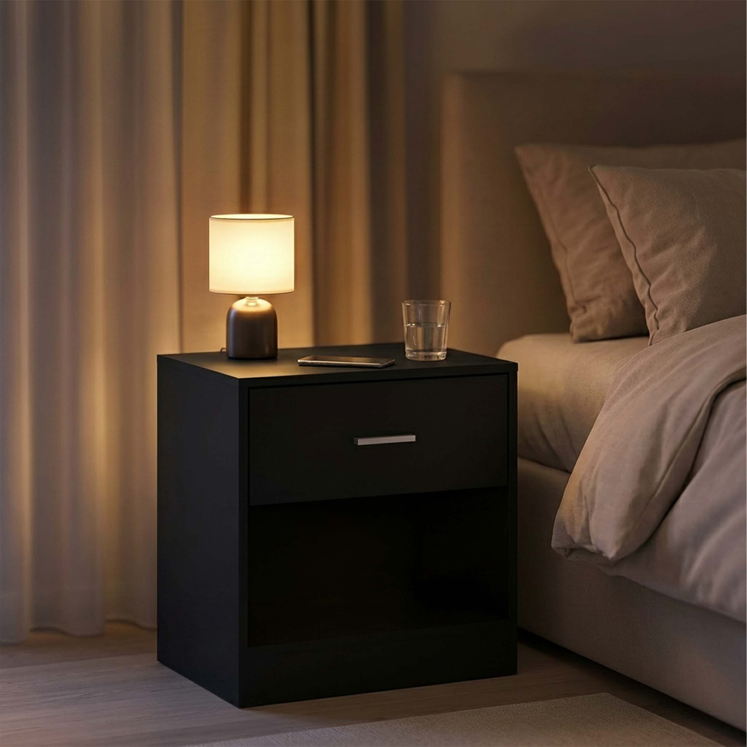 relaxdays Nachtschrank Nachttisch mit Schublade schwarz, 1er-Pack