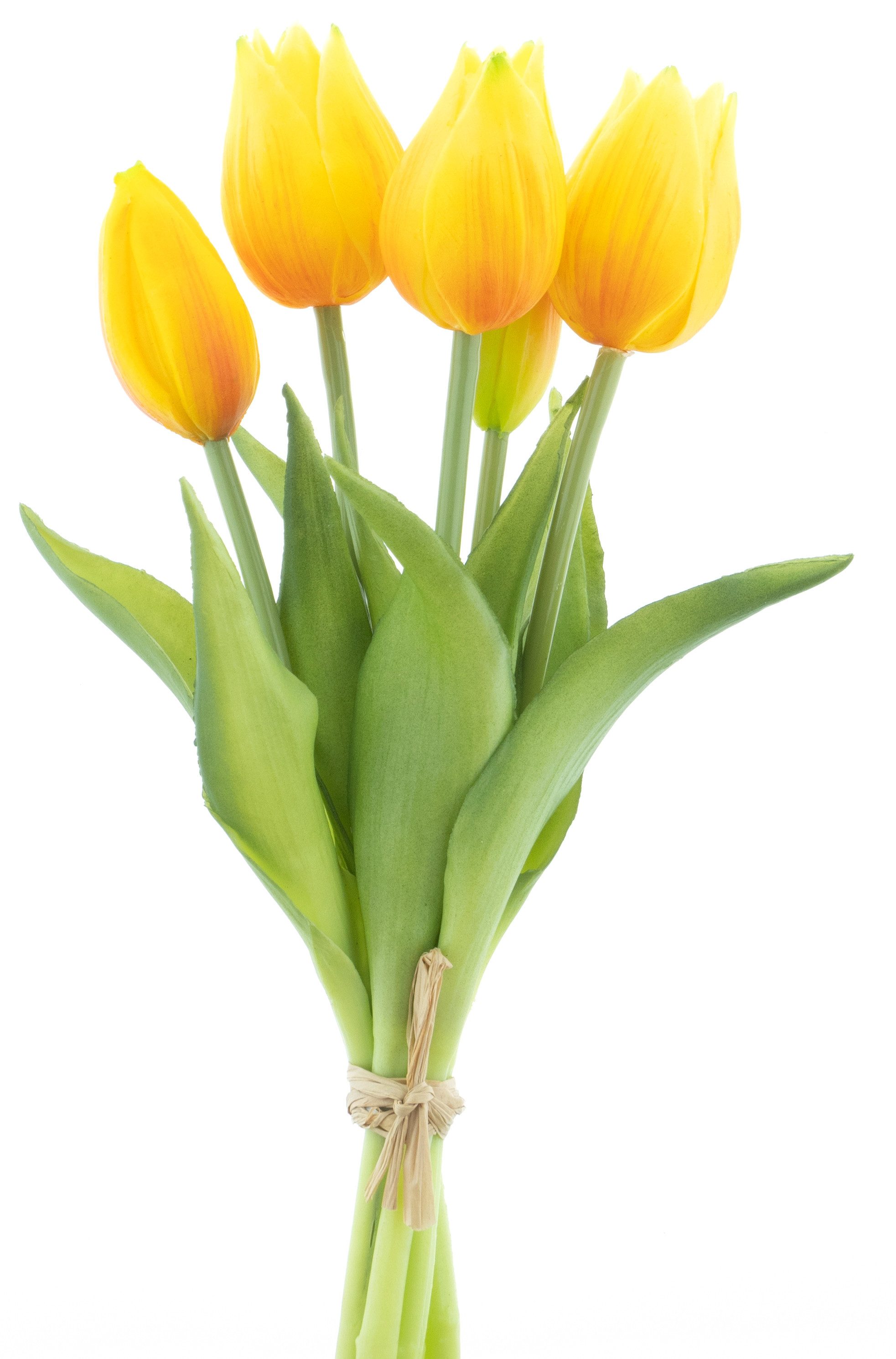 Kunstblumenstrauß Tulpenbund 26cm Tulpen mit 3 Tulpen und 2 Tulpenknospen real Touch, mucPlants