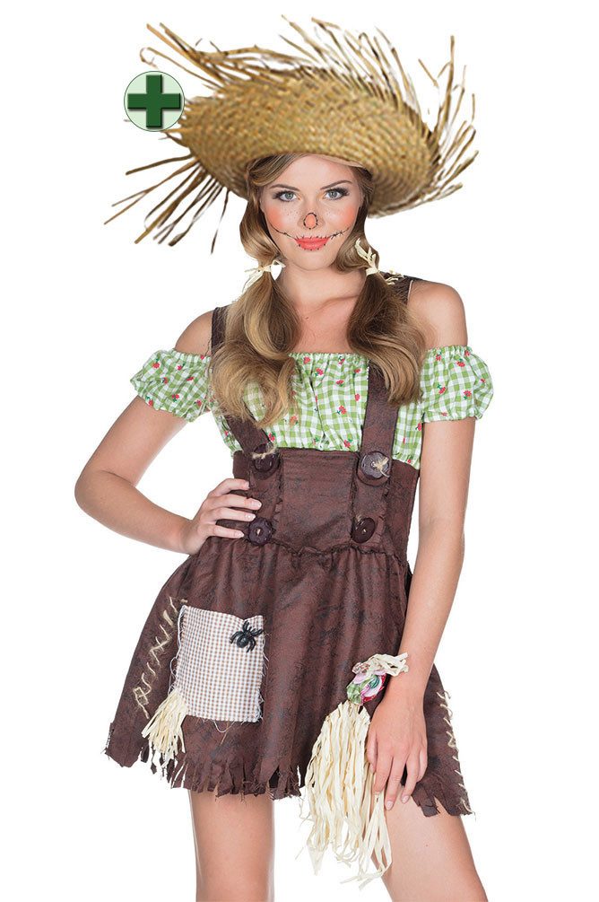 Karneval-Klamotten Kostüm Vogelscheuche Damen Scarecrow mit Strohut, Vogelscheuchekleid Damenkostüm Frauenkostüm Karneval Fasching