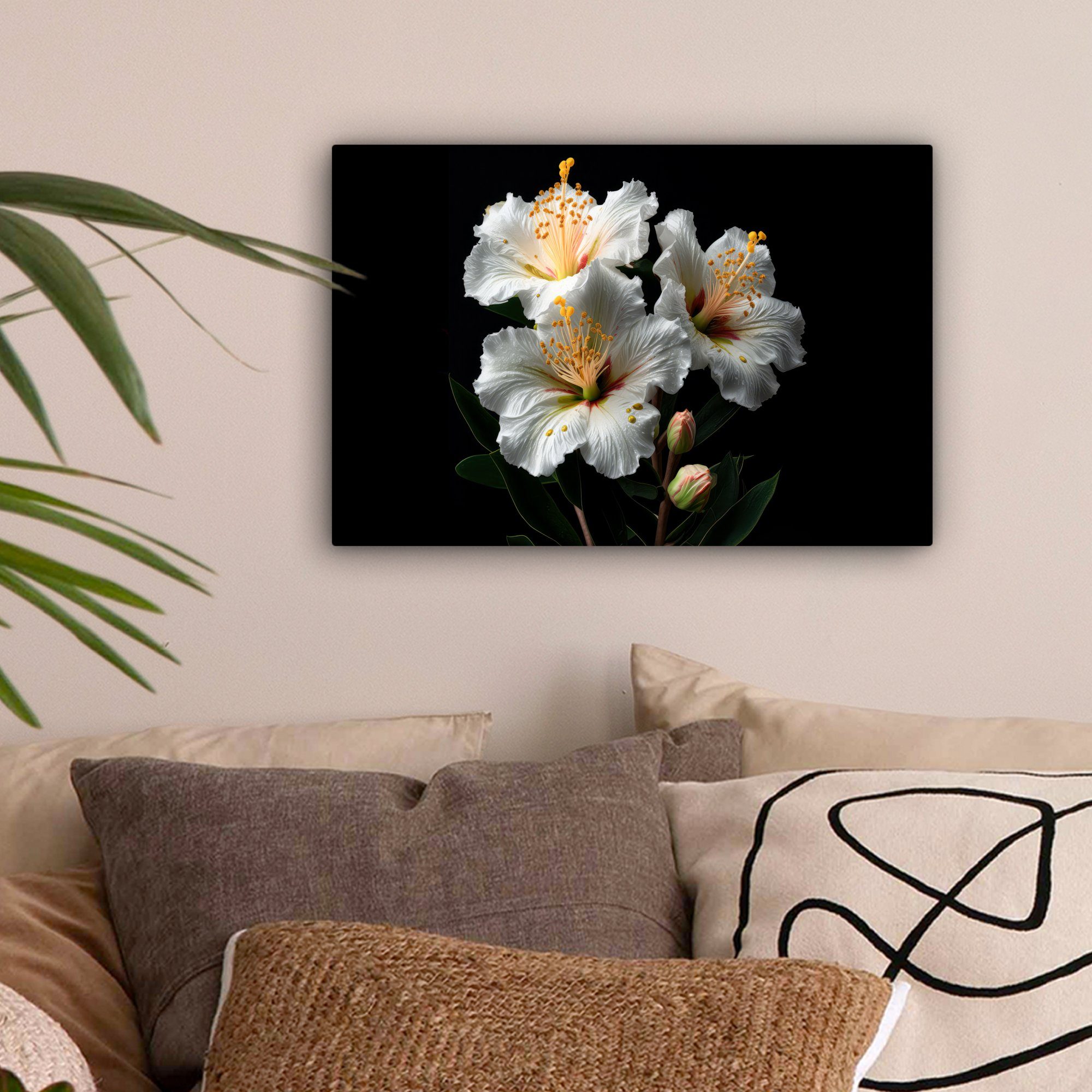 OneMillionCanvasses® Leinwandbild Blumen - Wanddeko, Hibiskus Natur 30x20 St), Weiß Leinwandbilder, Aufhängefertig, - (1 cm Schwarz, - - Wandbild