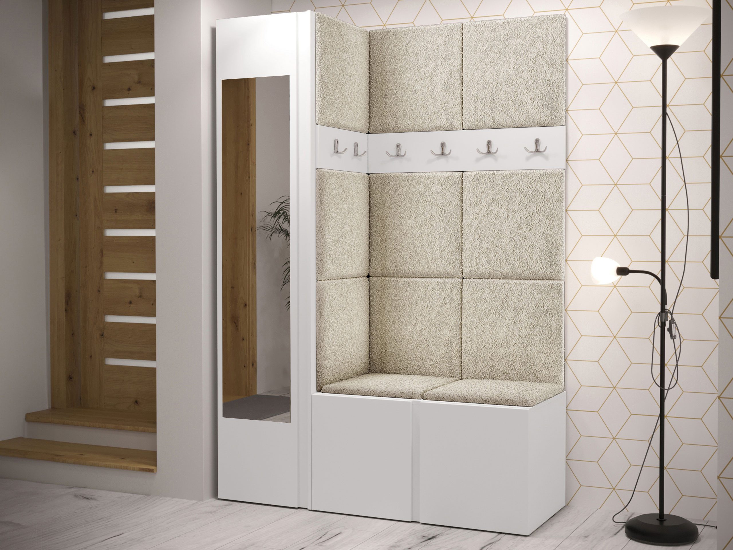 MIRJAN24 Garderoben-Set Orion X, (Komplett-Set, Schuhschrank, Schrank mit Spiegel, 2x Kleiderhaken, Paneel 11x 42x42), Auswahl aus Fronten und Polsterplatten