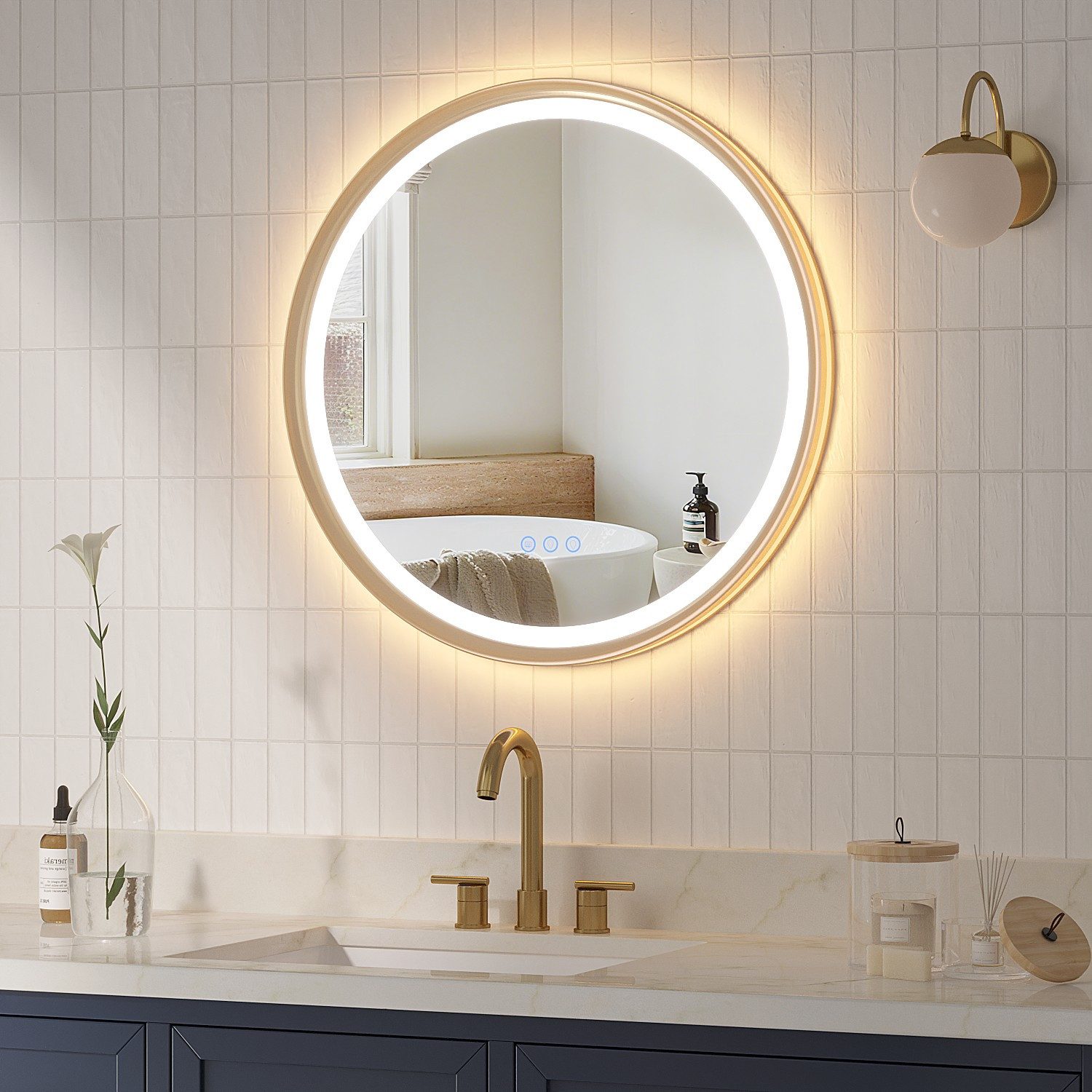 AQUALAVOS Rahmenspiegel-rund Badspiegel mit Beleuchtung Rund 60 cm Aluminiumrahmen Touch Schalter, LED Beleuchtung Dimmbar Kaltweiß & Warmweiß Touchschalter Alu-Rahmen