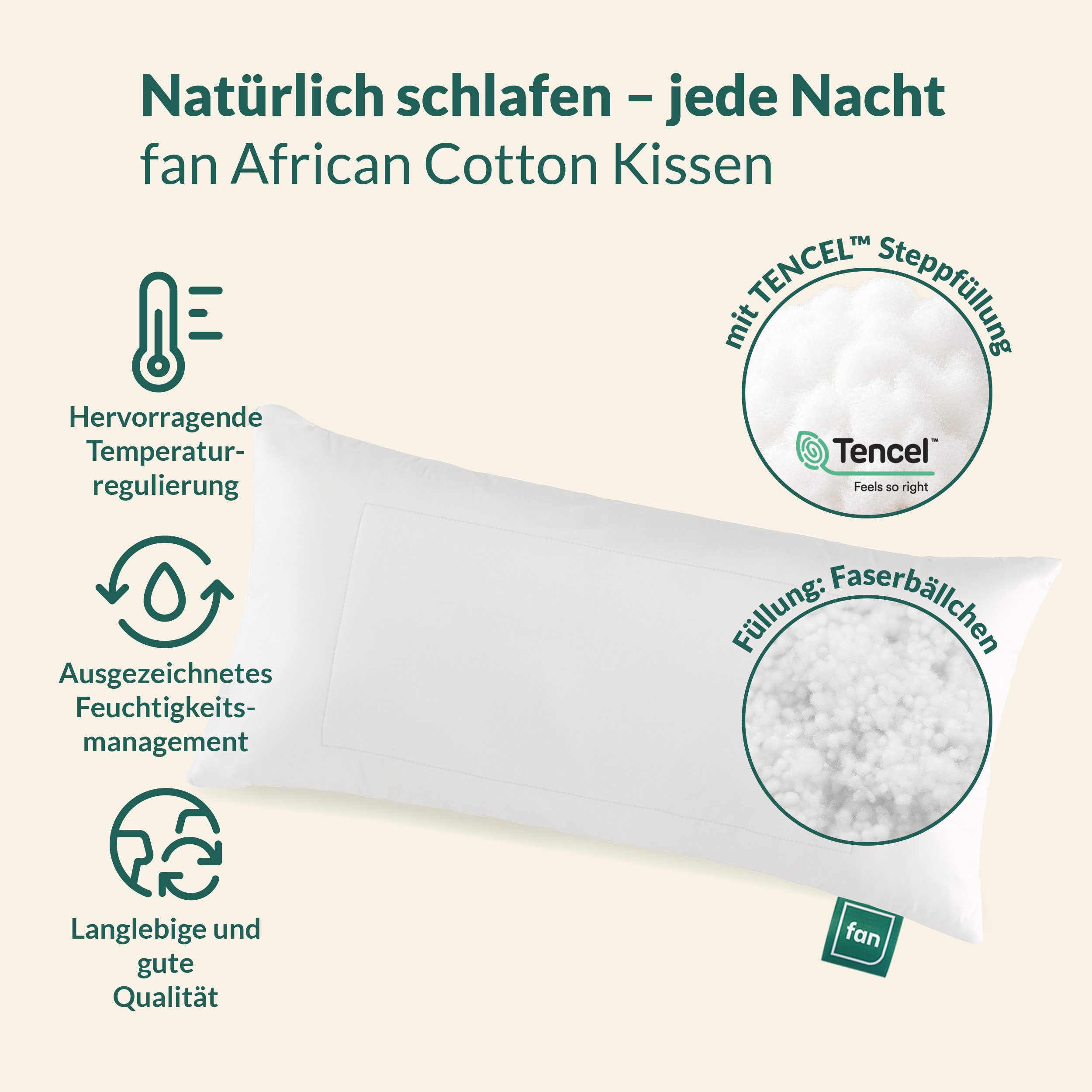 fan Kopfkissen African Cotton, 40x80 & 80x80 cm, Füllung: 60% Polyester / 40% Lyocell (Tencel), Bezug: 100% Bio Baumwolle, Kopfkissen mit hochwertigem Baumwollbezug (KBA), Made in Germany