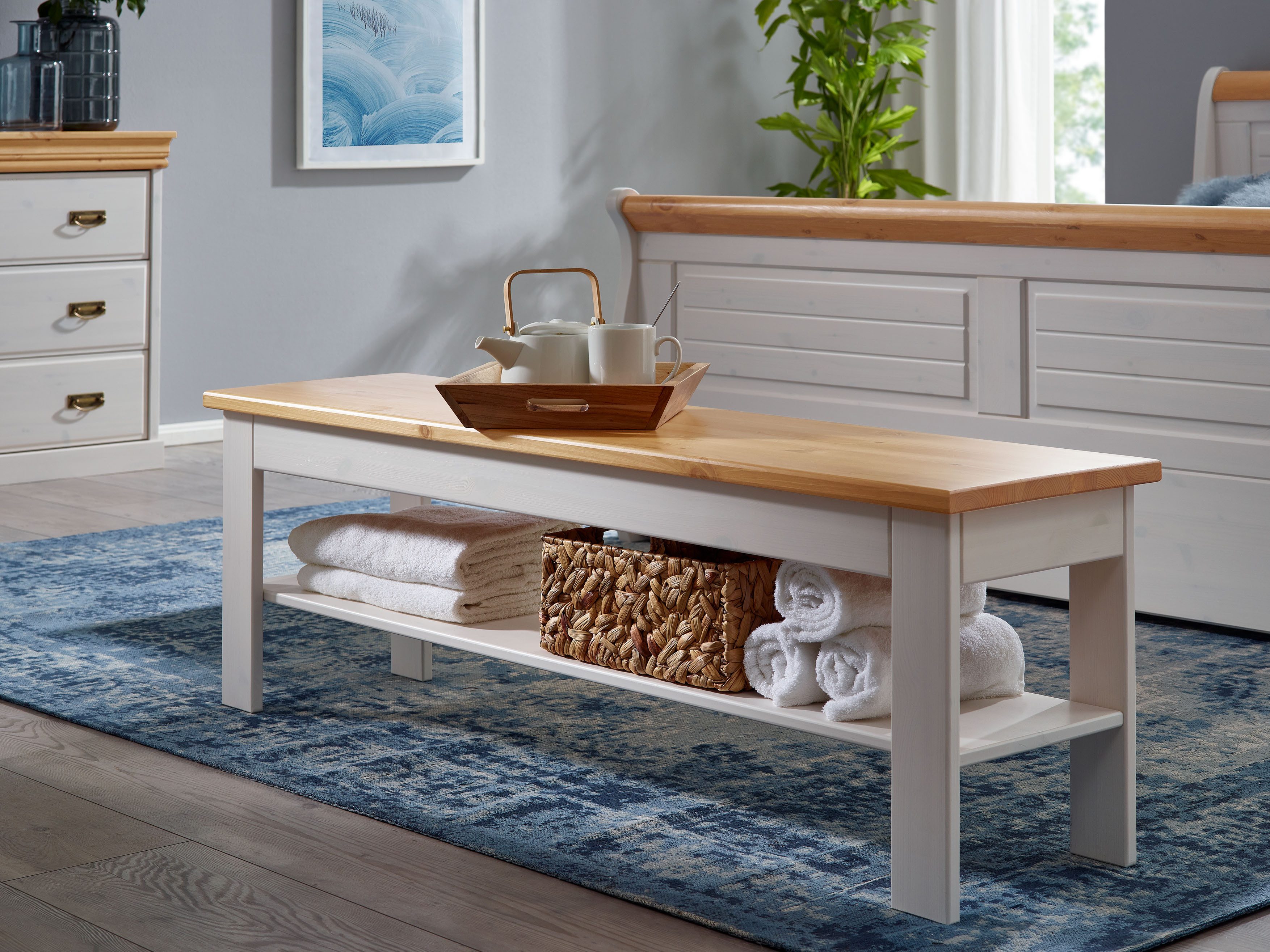 Woodroom Bettbank Pila (Kiefer massiv weiß gewachst), Sitzbank 140 cm, Bank mit Ablage, Bank fürs Bettende