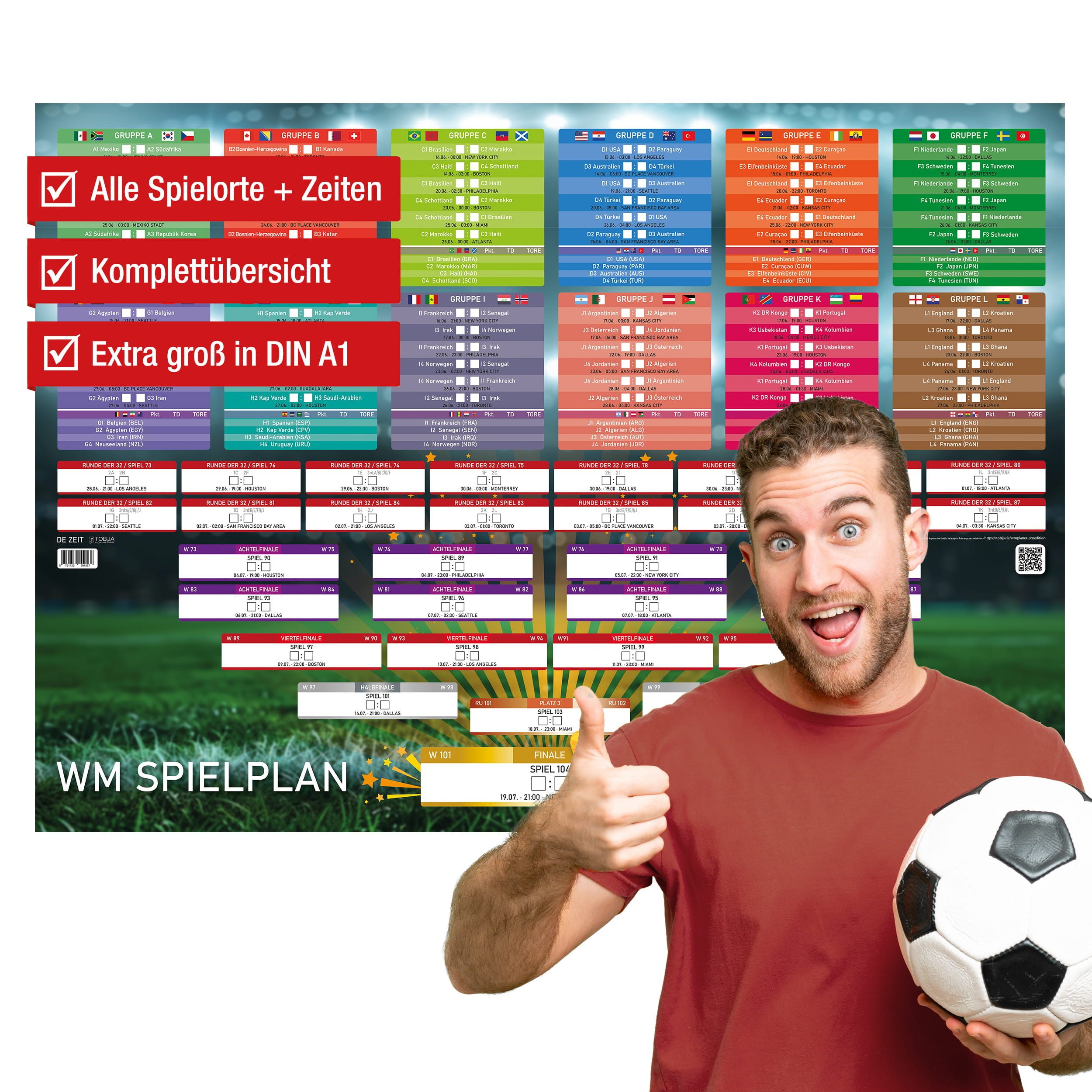 TOBJA Posterkalender WM 2026 Spielplan DIN A1 Poster zum Eintragen, Fußball WM, XXL Planer Fussball Weltmeisterschaft 2026