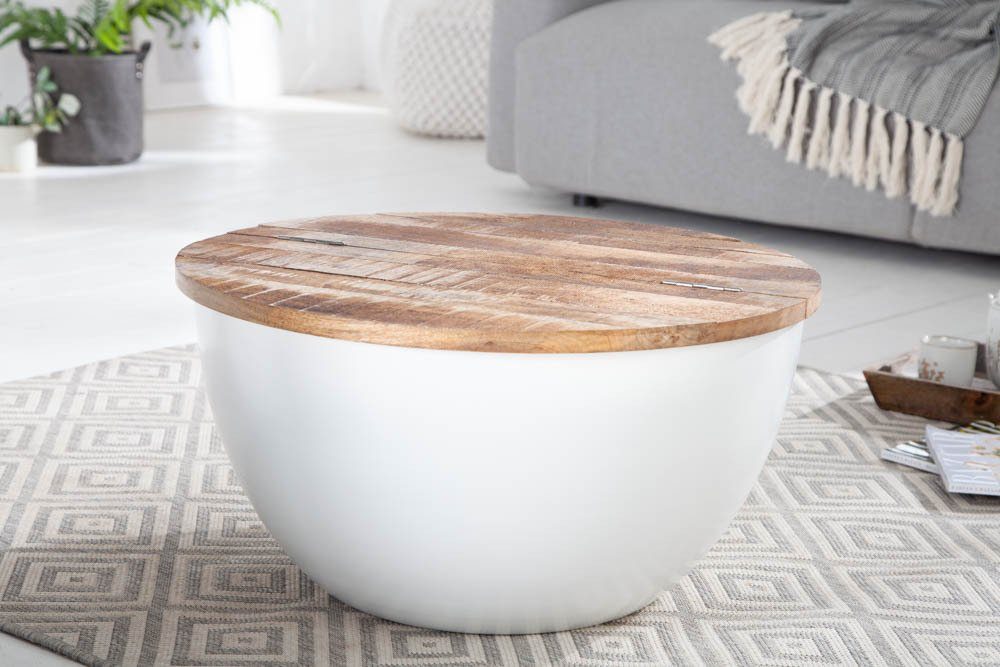 riess-ambiente Couchtisch INDUSTRIAL STORAGE 70cm weiß / braun (Einzelartikel, 1-St), Wohnzimmer · Massivholz · Metall · rund · klappbar · Boho
