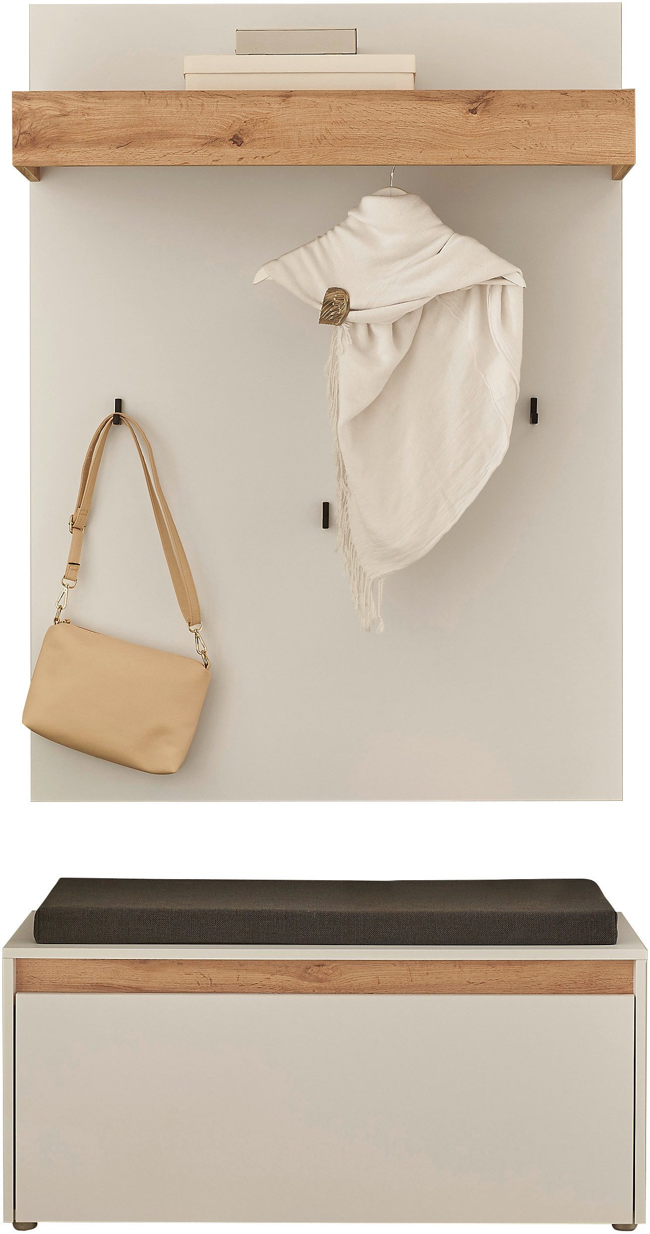Home affaire Garderoben-Set GIRON/CiTY, moderne Garderobe, Komplettset mit viel Stauraum, (Komplett-Set, 2-St), enthält Garderobenpaneel & Schuhbank inkl. Sitzkissen, 100 cm breit
