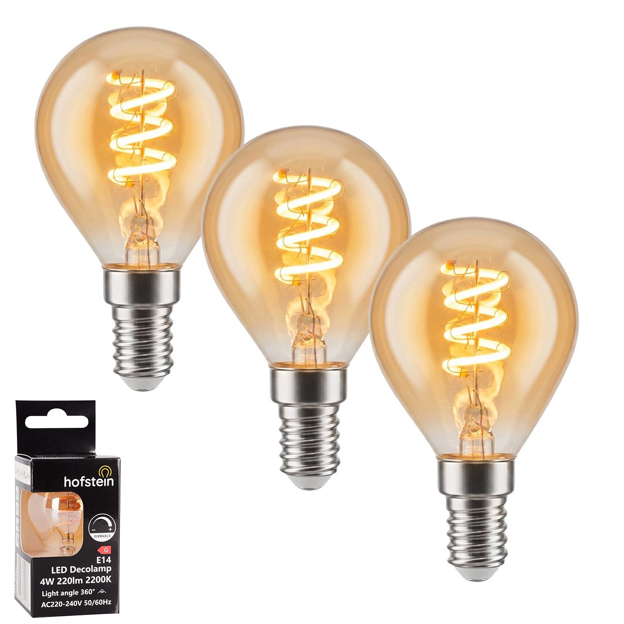 hofstein LED-Leuchtmittel 3er Set Glühbirne Extra Warmweiß dimmbar 4 Watt, E14, 2200 Kelvin, 220 Lumen, Kerze, Filament Spirale, Amber