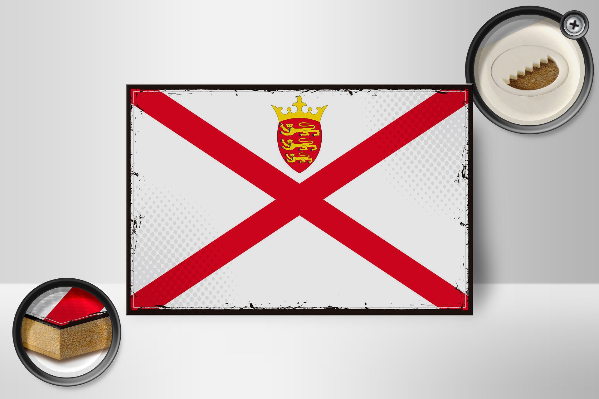 Femer GmbH Holzbild Flagge Jerseys 18x12 cm Retro Flag of Jersey, Flaggen (1 St), Glatte Holzfaserplatte (MDF), vorn beschichtet