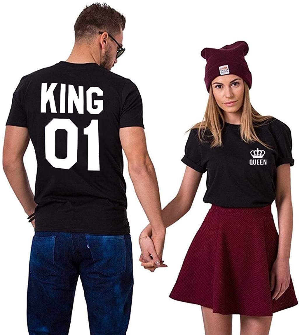 und T-Shirt Rückenprint T-Shirt King modischem Couples Brust- Shop Paar Schwarz & Queen mit / KING