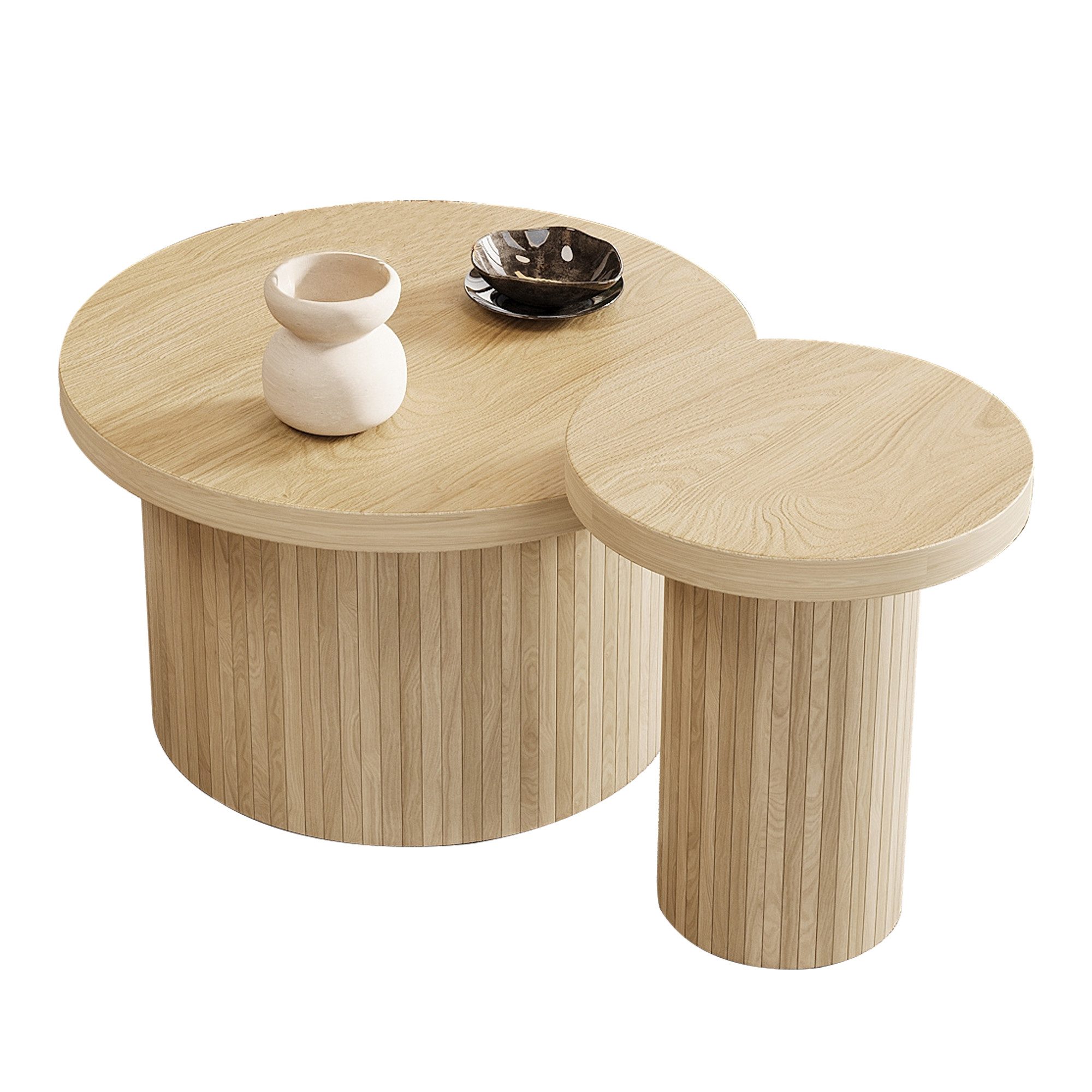 KLAM HOME Couchtisch doppelter runder Tisch Beistelltisch aus Naturholzlatt günstig online kaufen