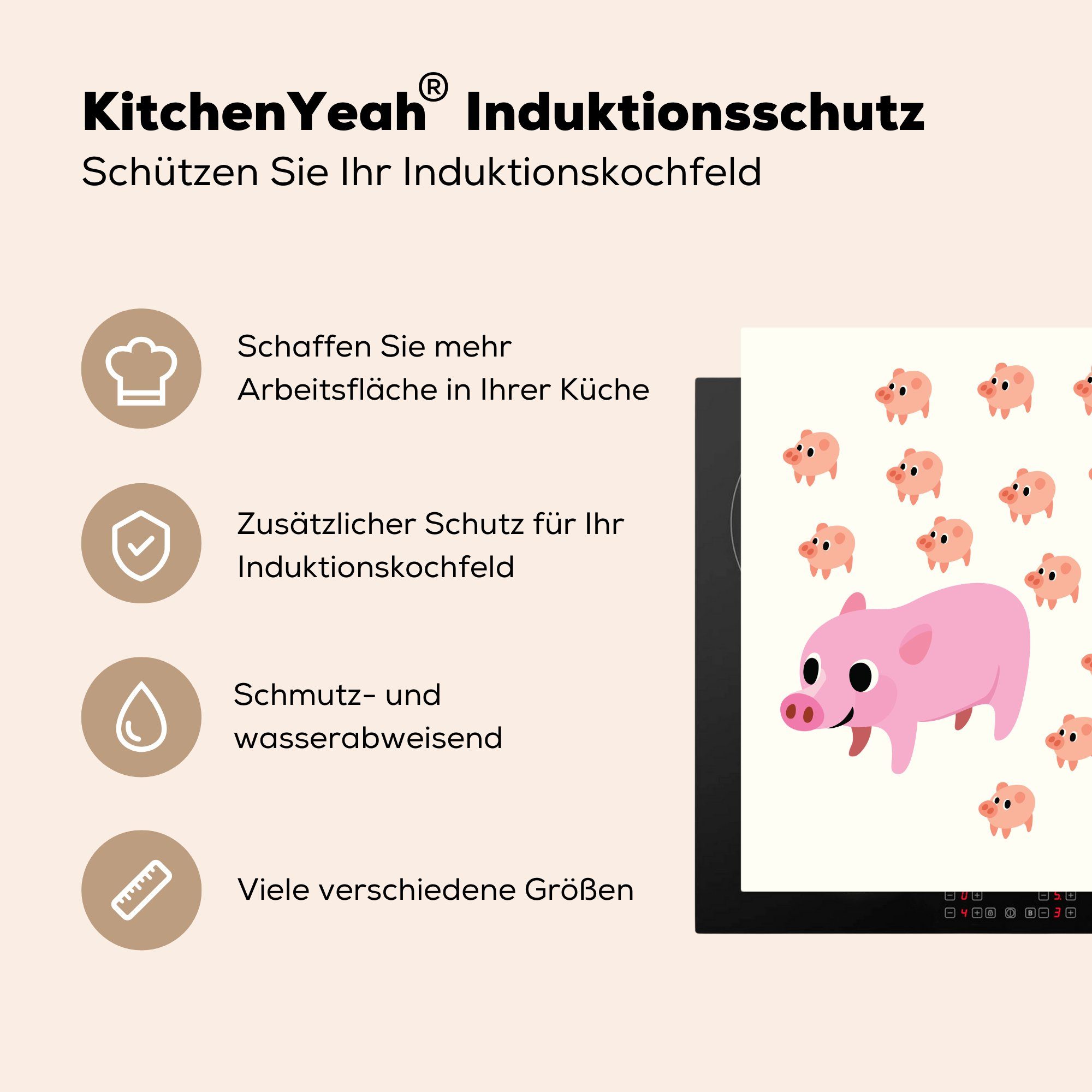 Vinyl, Ferkeln, Eine MuchoWow Illustration neunzehn eines Herdblende-/Abdeckplatte cm, (1 mit Schweins tlg), für Arbeitsplatte 78x78 Ceranfeldabdeckung, küche