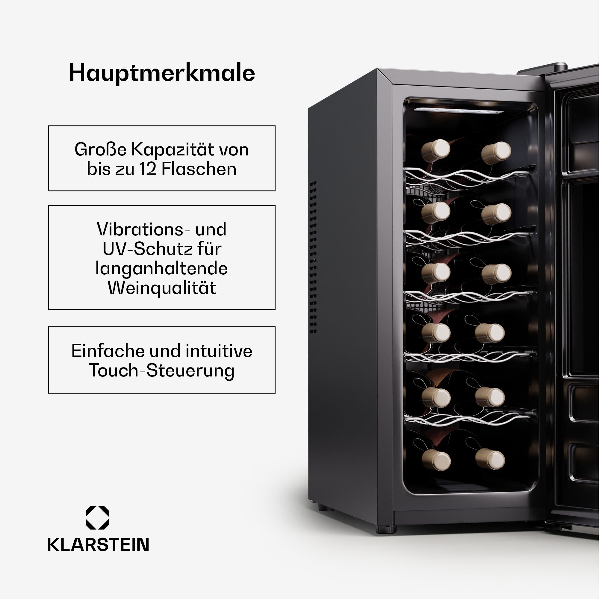 Klarstein Weinkühlschrank Silent Vino 12 Uno Slim, für 12 Standardflaschen á 0,75l,Wein Flaschenkühlschrank Weintemperierschrank Weinschrank Kühlschrank