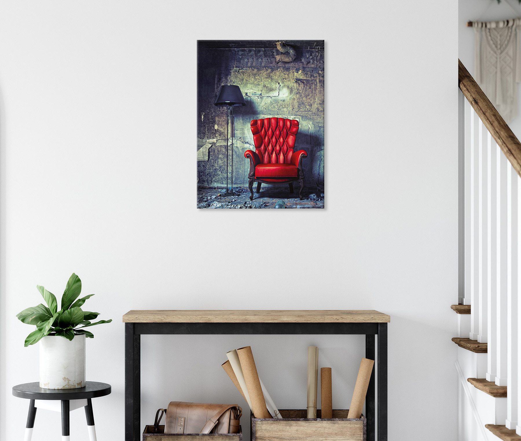 Bönninghoff Leinwandbild Wandbild ROTER SESSEL 46x61 cm – Leinwandbild Keilrahmen Deko modern, Innenarchitektur, Vintage (1 St), auf Keilrahmen gespannt – Bild 2 von 5