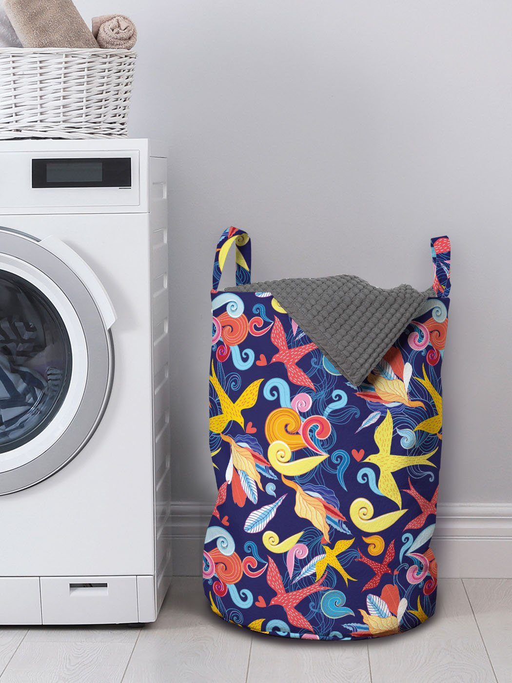 Wäschesäckchen mit Waschsalons, und Abakuhaus Griffen Kurven Bunt Vögel Abstrakte Wäschekorb für Kordelzugverschluss