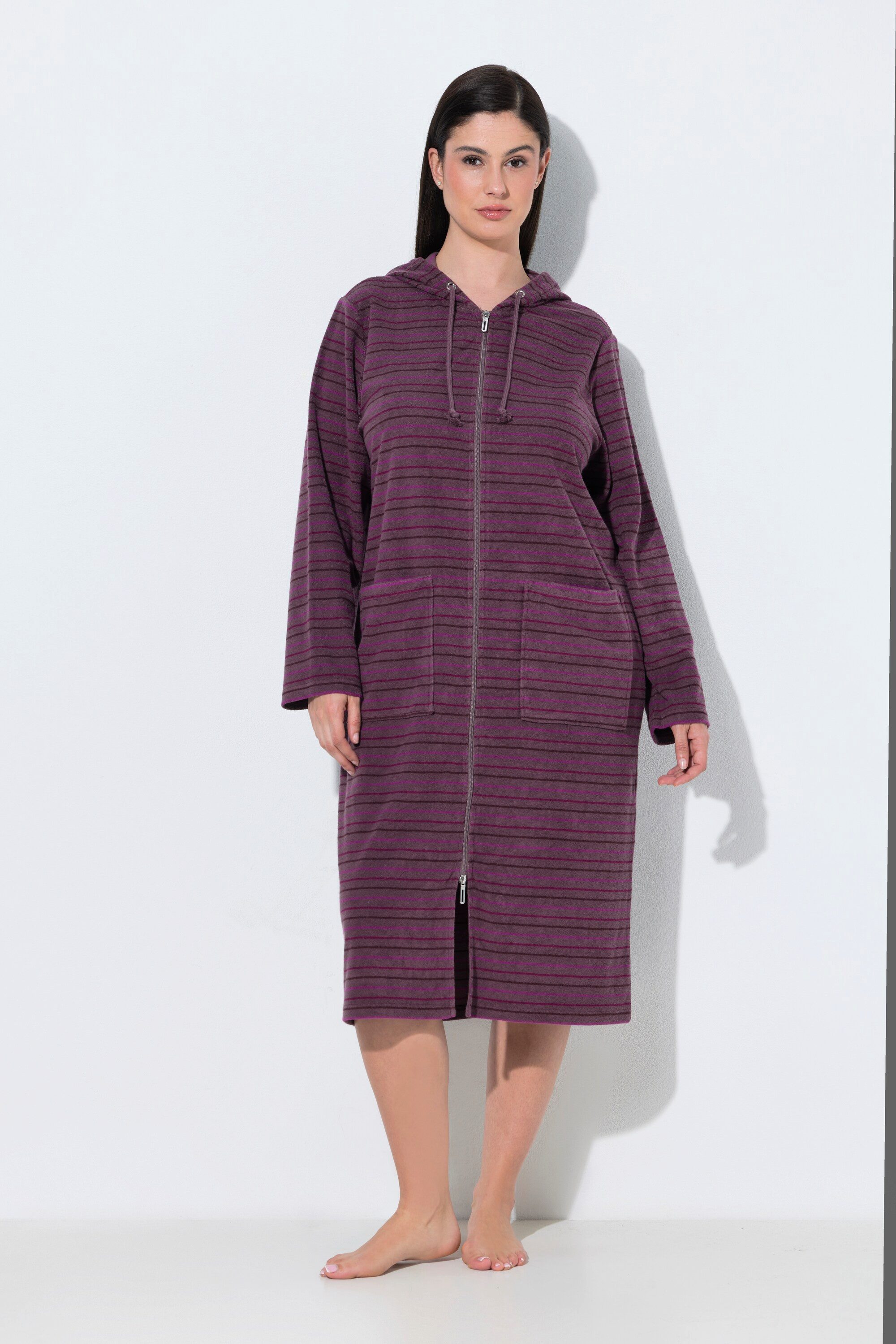 Ulla Popken Bademantel Bademantel Frottee Streifen 2-Wege-Zipper, lang, Materialmix