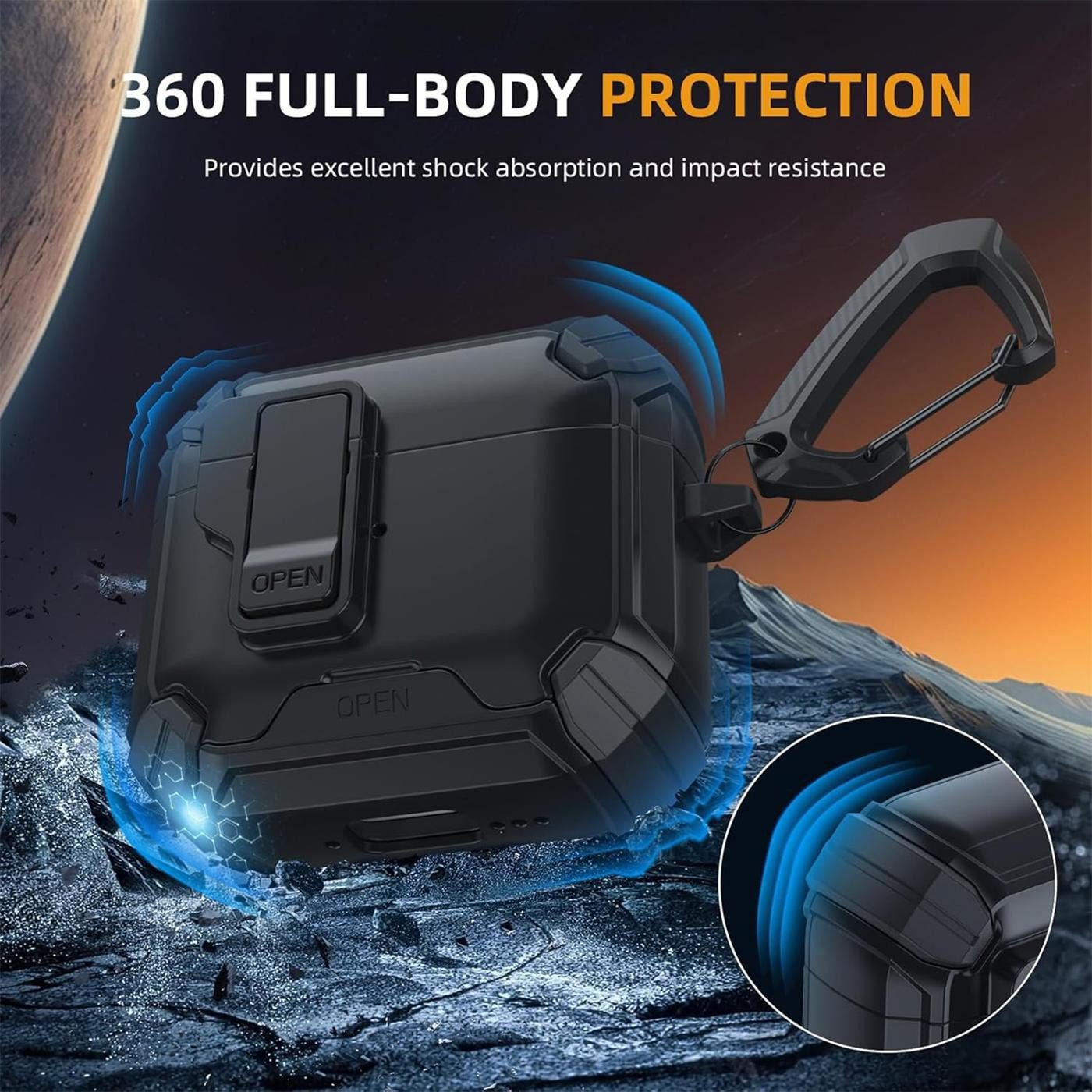 CoolGadget Kopfhörer-Schutzhülle Defender Hülle für AirPods Pro 1 / Pro 2 magnetisch mit Karabiner, 360° Full-Body Case Schutzhülle Handy Standfunktion magnetis – Bild 5 von 5