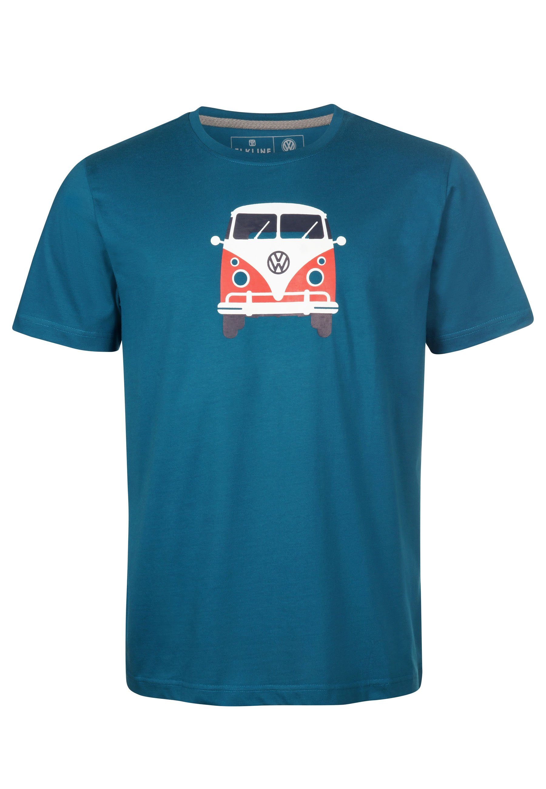 Elkline T-Shirt Methusalem lizenzierter VW Rücken Bulli coral Print Brust blue