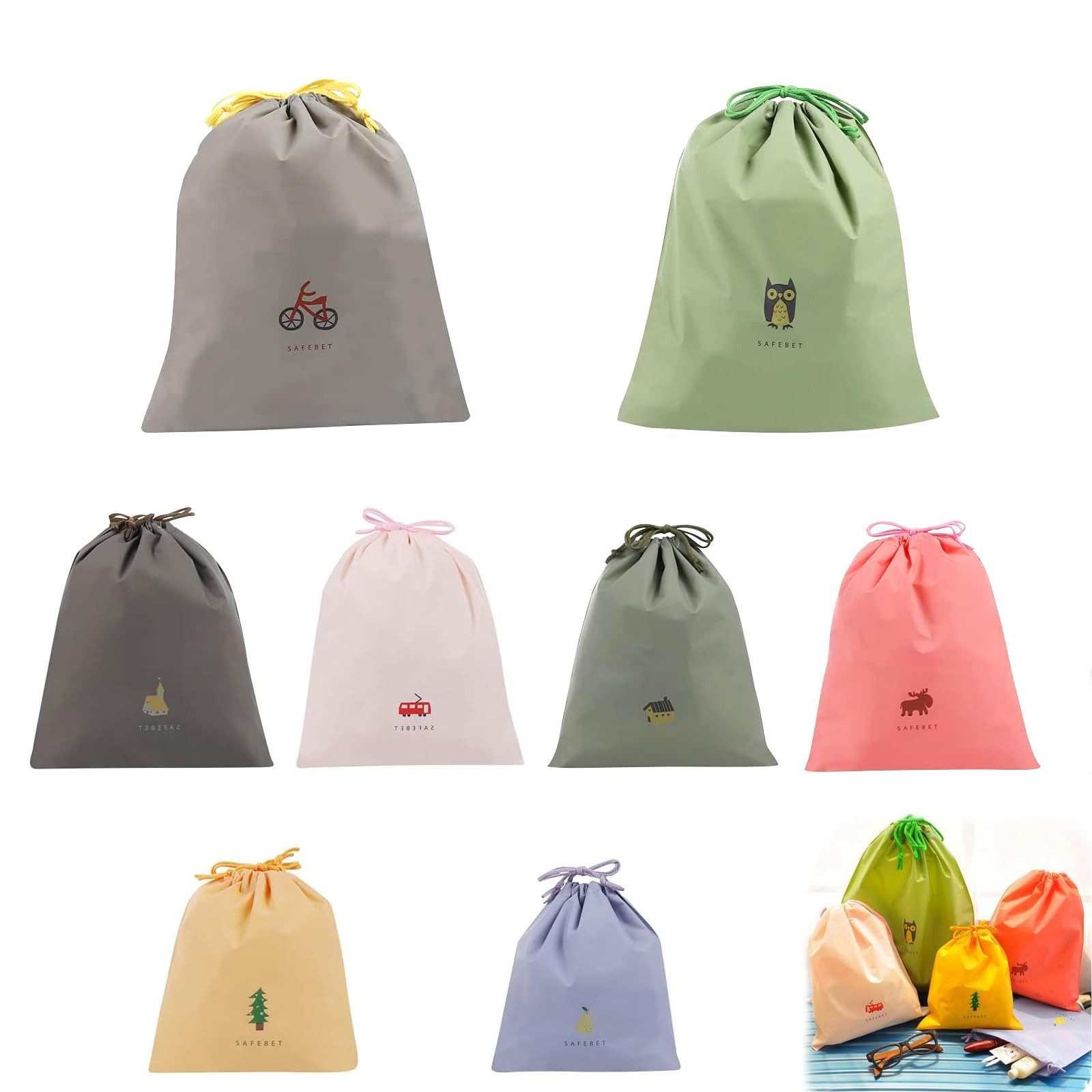 FOUORTUNATE-BEE Kofferorganizer 8er Set wasserdichte Zugbeutel, Schuhbeutel, Reise-Organizer, bunt (8-tlg), 8 Pack Reisebeutel mit Kordelzug für Schuhe, Wäsche und Kosmetik Set