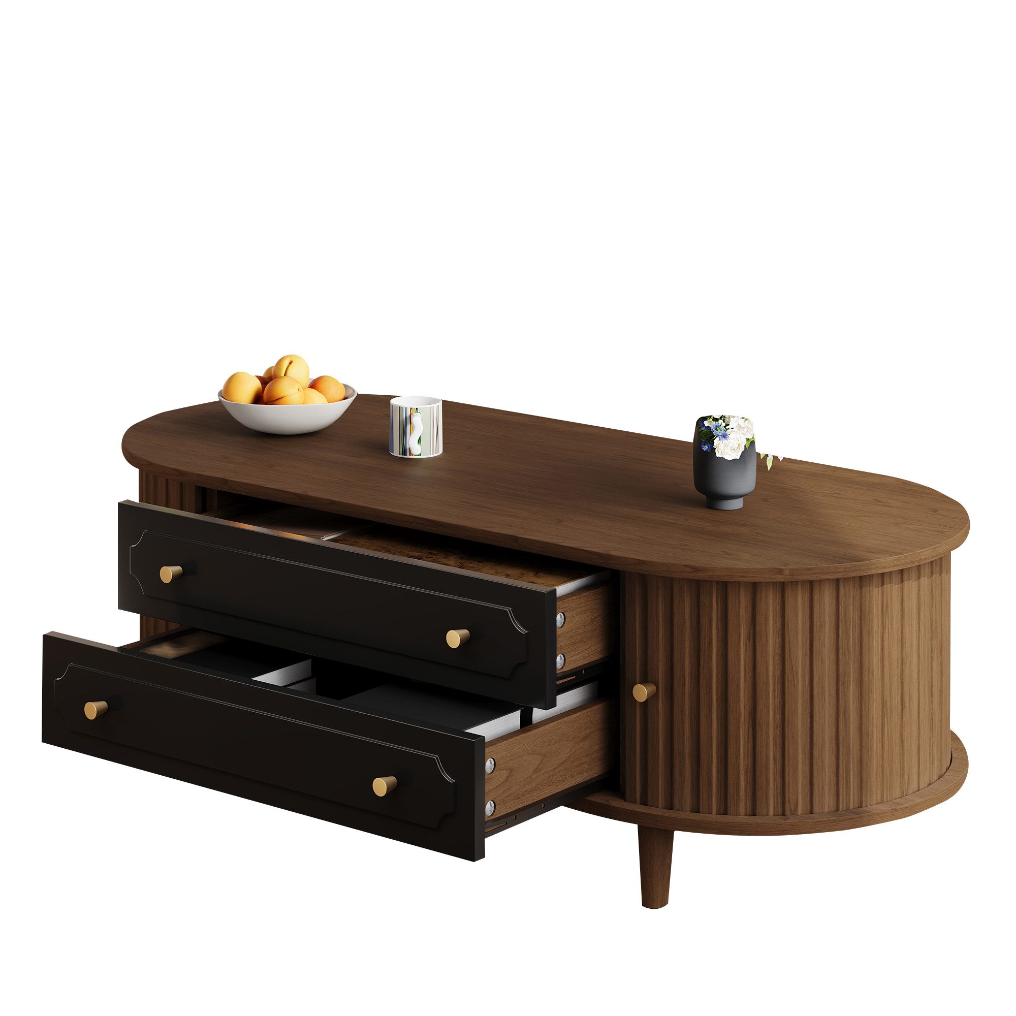 Merax Couchtisch Sofatisch Retro Beistelltisch in Walnussholzoptik (1-St), Wohnzimmertisch mit Rolltüren, 2 Schubladen & Stauraum, 100x50x36cm