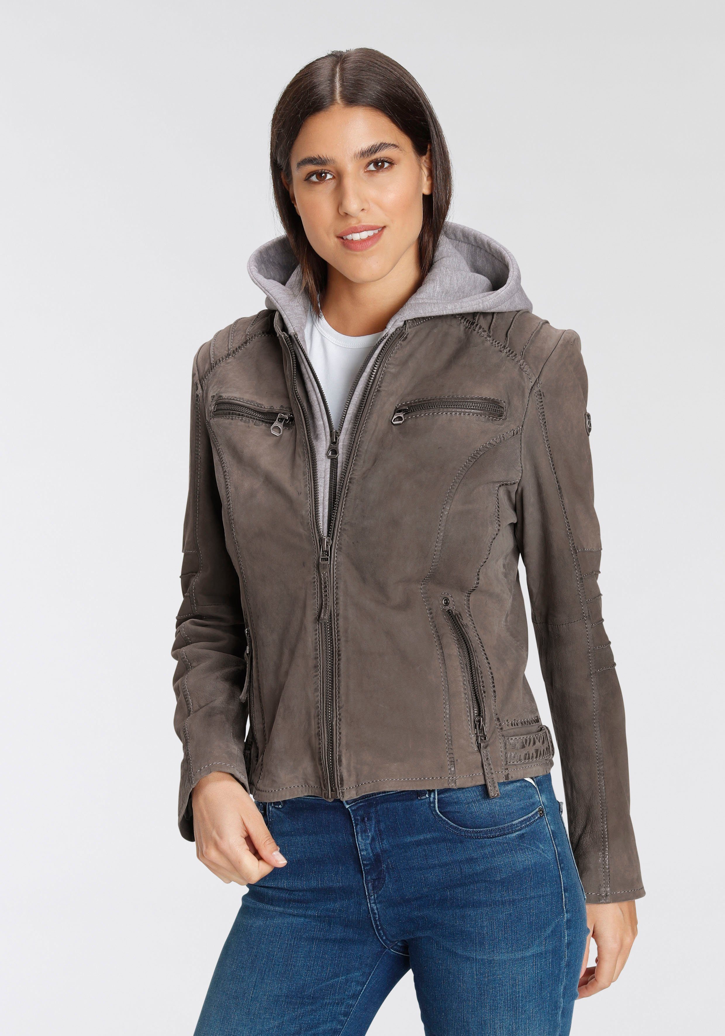 Gipsy Lederjacke NOLAH Two-in-One Style - mit abnehmbarer Jersey-Kapuze grey