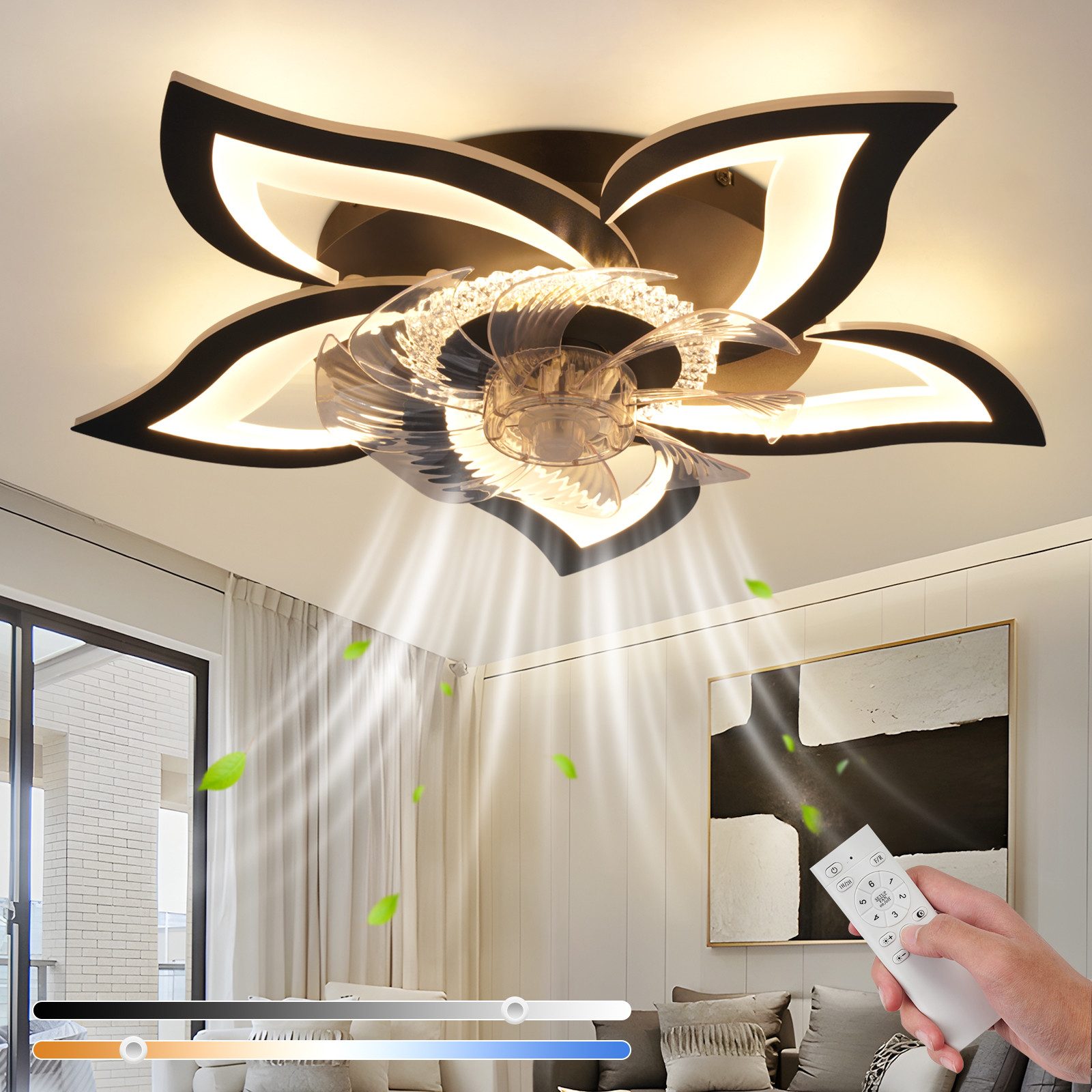Nettlife Deckenventilator Licht und Fernbedienung Schwarz/Weiß 48/71W 3 Farbtemperatur 6-Gang, Leise Ventilator für Wohnzimmer Esszimmer Schlafzimmer