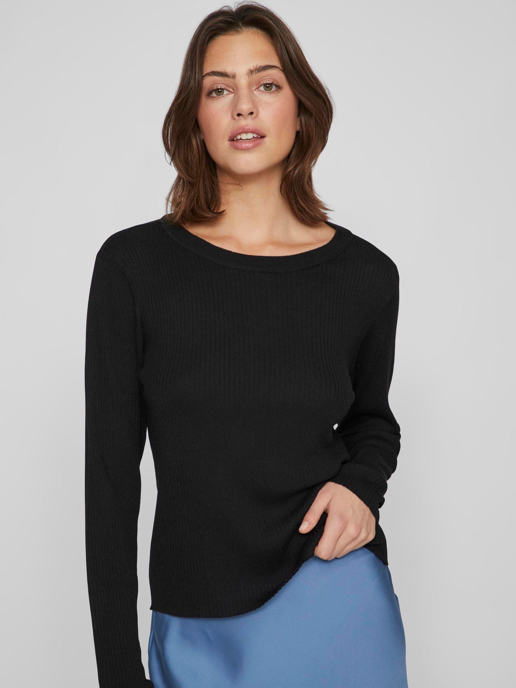 Vila Strickpullover Gerippter Longsleeve Pullover Feinstrick Sweater Shirt VIABELLA 6908 in Schwarz