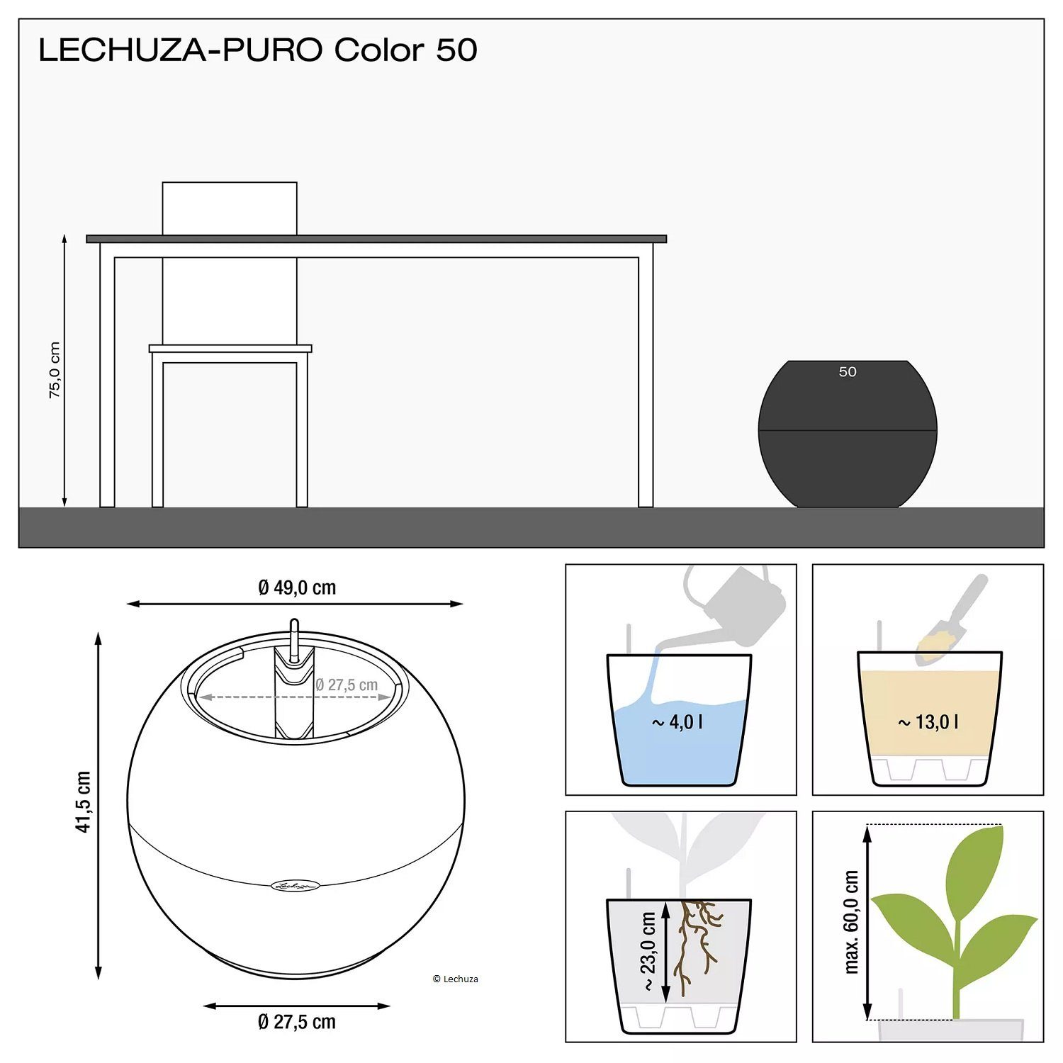 Lechuza® Blumentopf Puro Color 50 Komplettset schiefergrau (Komplettset)