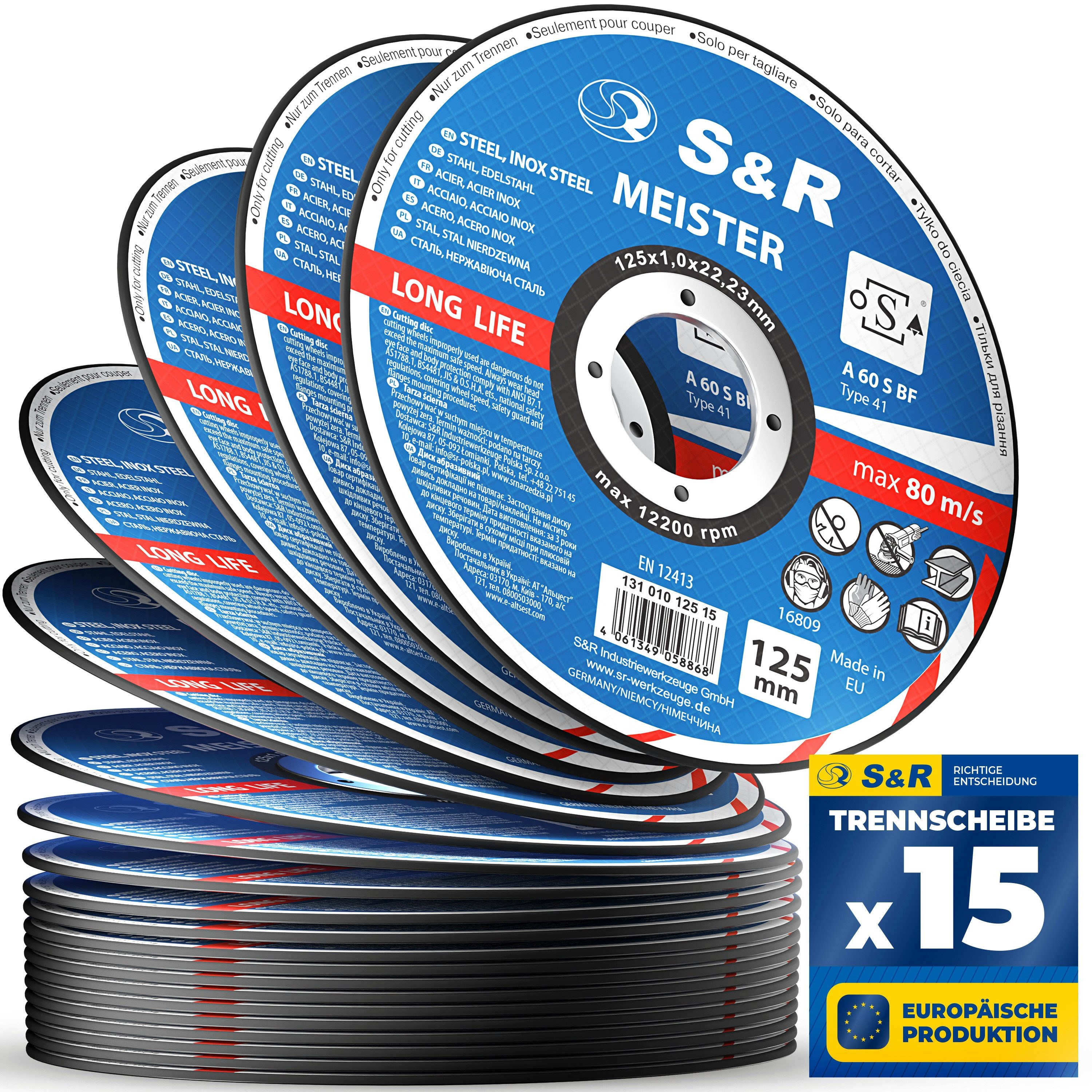 S&R Trennscheibe in Profi-Qualität, Made in EU, für Metall, Stahl, Edelstahl/INOX, (Set, 15- teilig), 125 x 1,0 x 22,23 mm, Flexscheiben für Winkelschleifer, Flex