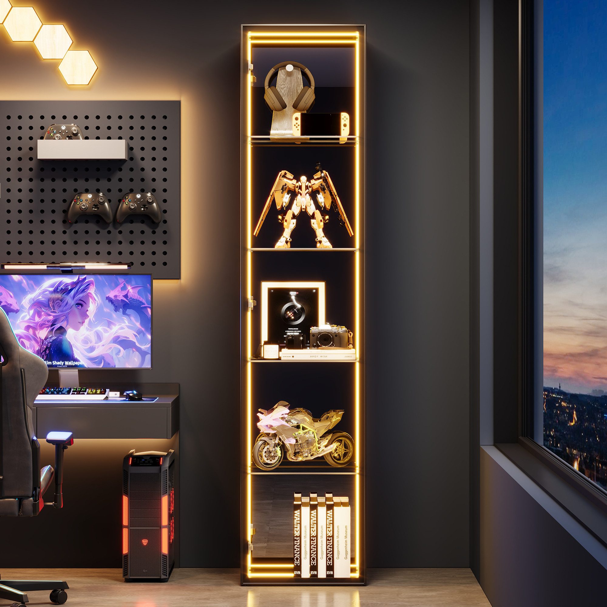 Flieks Glasvitrine mit LED-Lichtleiste, 4 verstellbaren Glaseinlegeböden & Spiegelwand (30x30x160 cm, Glastür mit Soft-Close-Funktion, 1-St., Eckvitrine mit verspiegelter Rückwand & 5 Ebenen) Hochschrank Standvitrine Eckschrank Mehrzweckschrank mit 3 Fächern