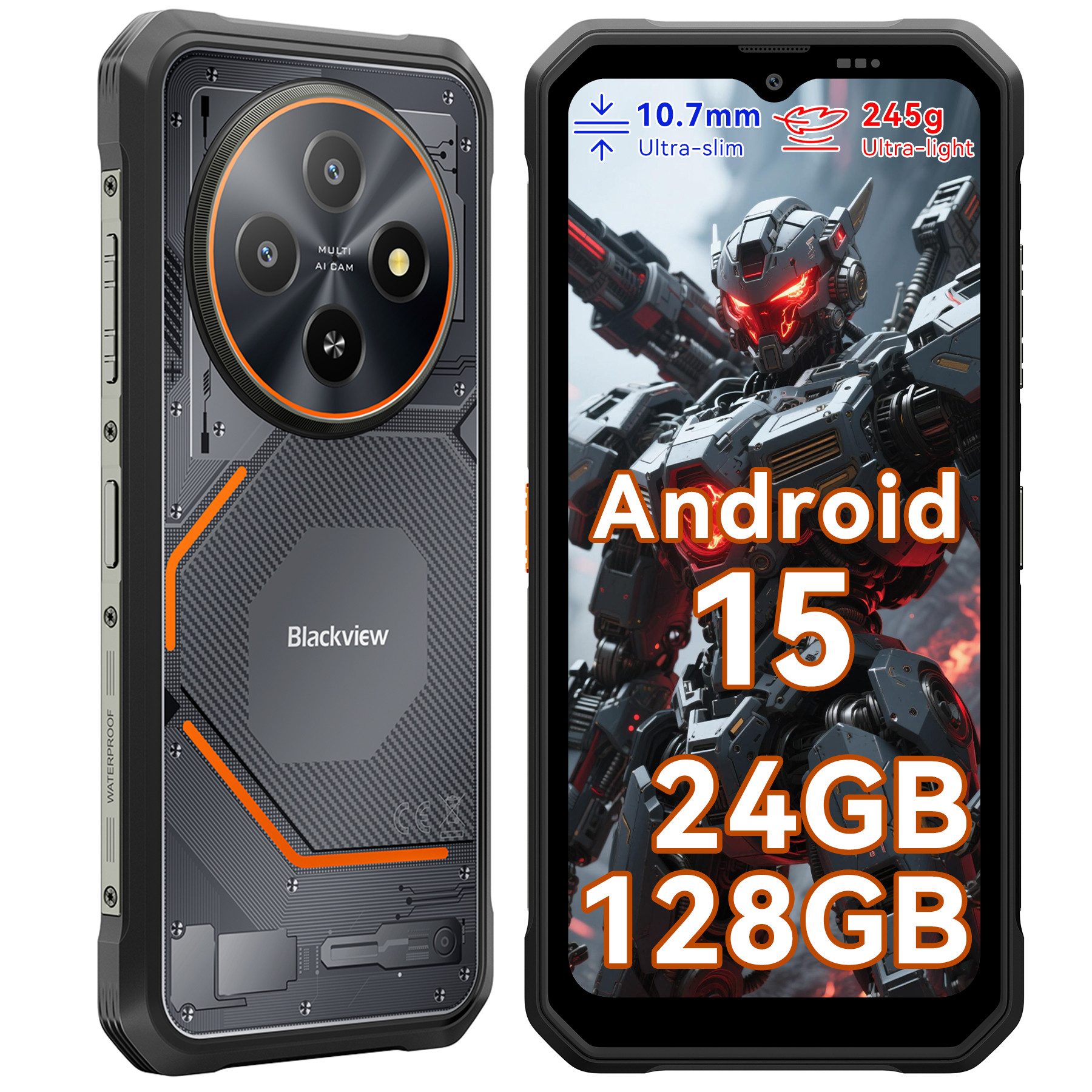 blackview FORT 2 Ultradünnes Robustphone: Nur 10.7mm, AI-Dreifachkamera Outdoor Smartphone (6.56 Zoll, 128 GB Speicherplatz, DokeOS 5.0, Android 15, 24GB, 16MP, 5W OTG)