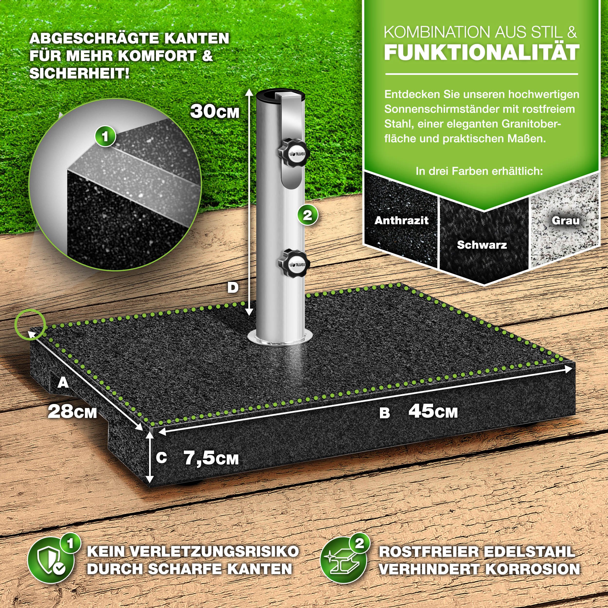 tillvex Sonnenschirm tillvex Granit Sonnenschirmständer, Balkonschirmständer für Schirmstöcke 16-48 mm & 300cm Schirmdurchmesser, Sonnenschirm, Granit Sonnensch – Bild 2 von 5