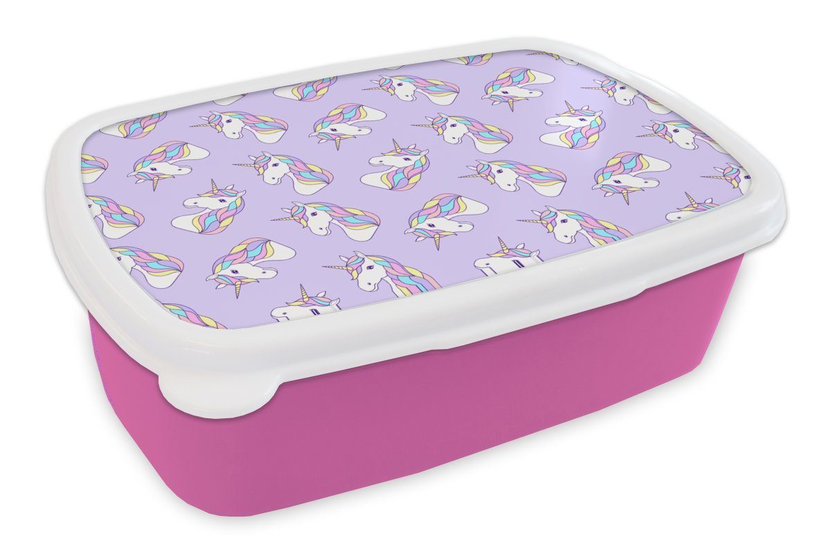 MuchoWow Lunchbox Einhorn - Pastell - Muster, Kunststoff, (2-tlg), Brotbox für Erwachsene, Brotdose Kinder, Snackbox, Mädchen, Kunststoff rosa