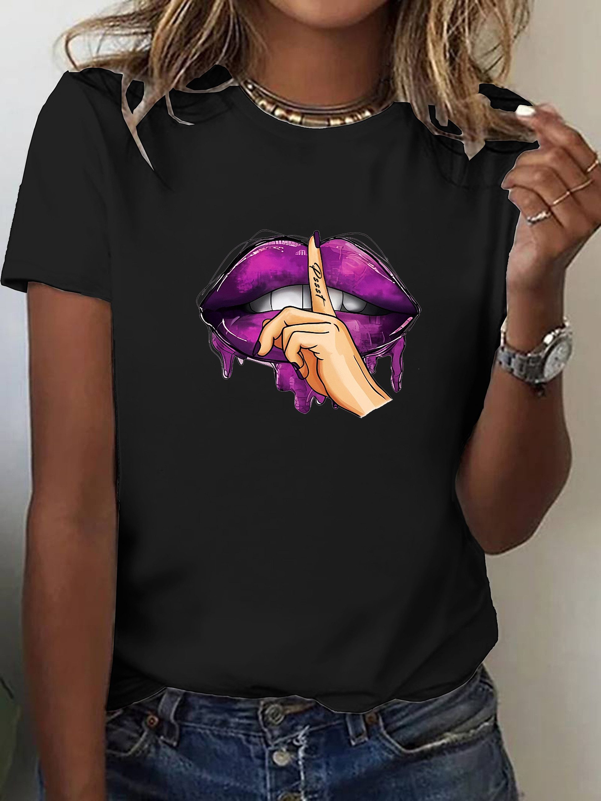 T-Shirt Damen Shirt Top Sommer Basic Mund dicke Lippe Lips Psst