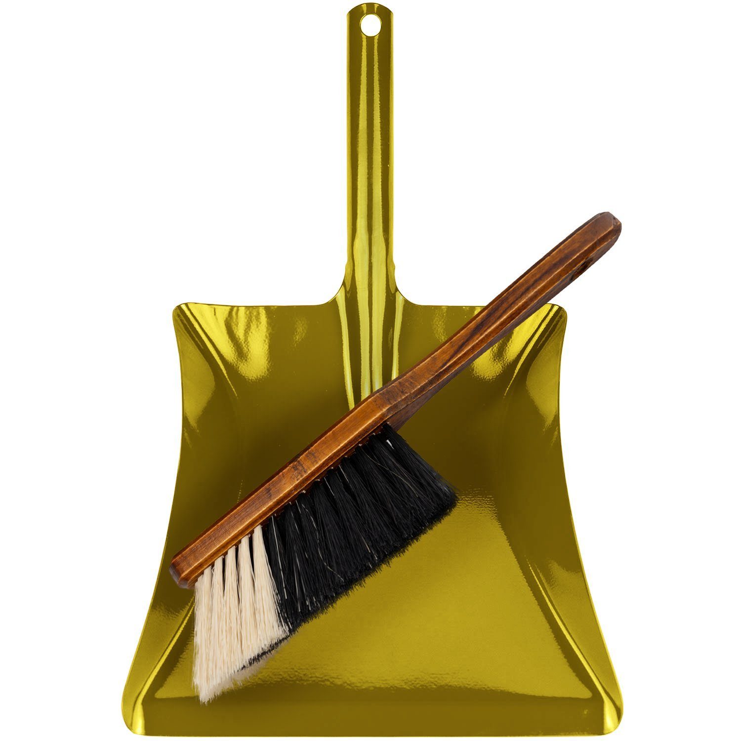 Landshop24 Kehrgarnitur Kehrset Handfeger Naturhaar + Kehrschaufel Metall Brilliantgold, Fliesen, Laminat, Beton, Pflaster, Vinylboden, Linoleum, (Spar-Set, 2-tlg., Besen braun lackiert), verantwortungsvoll, kein Plastik