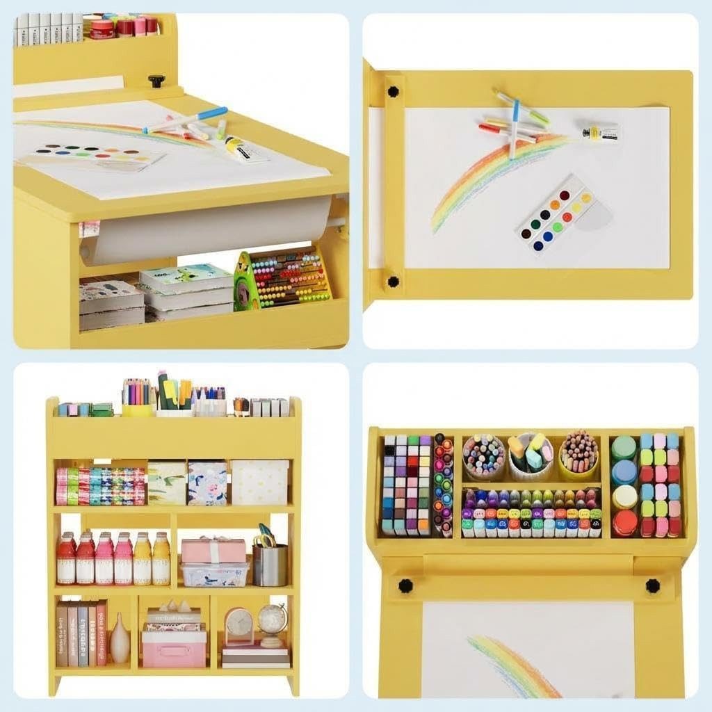GarveeMore Kinderschreibtisch Zeichentisch für Kinder mit Papierrollenhalter & Aufbewahrungsschrank, Basteltisch Malen & Basteln Kindermöbel Set, MDF
