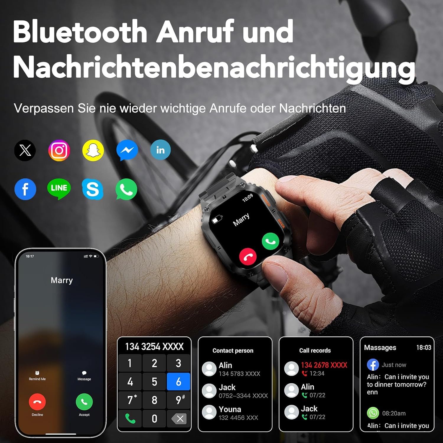 MEGALITH Herren"s Militär Fitnessuhr; mit Telefonfunktion IP67 Bluetooth Smartwatch (4,9 cm/1,96 Zoll, Android/iOS), Robuste Outdoor Fitnessuhr mit 110 Sportmodi und AMOLED Display