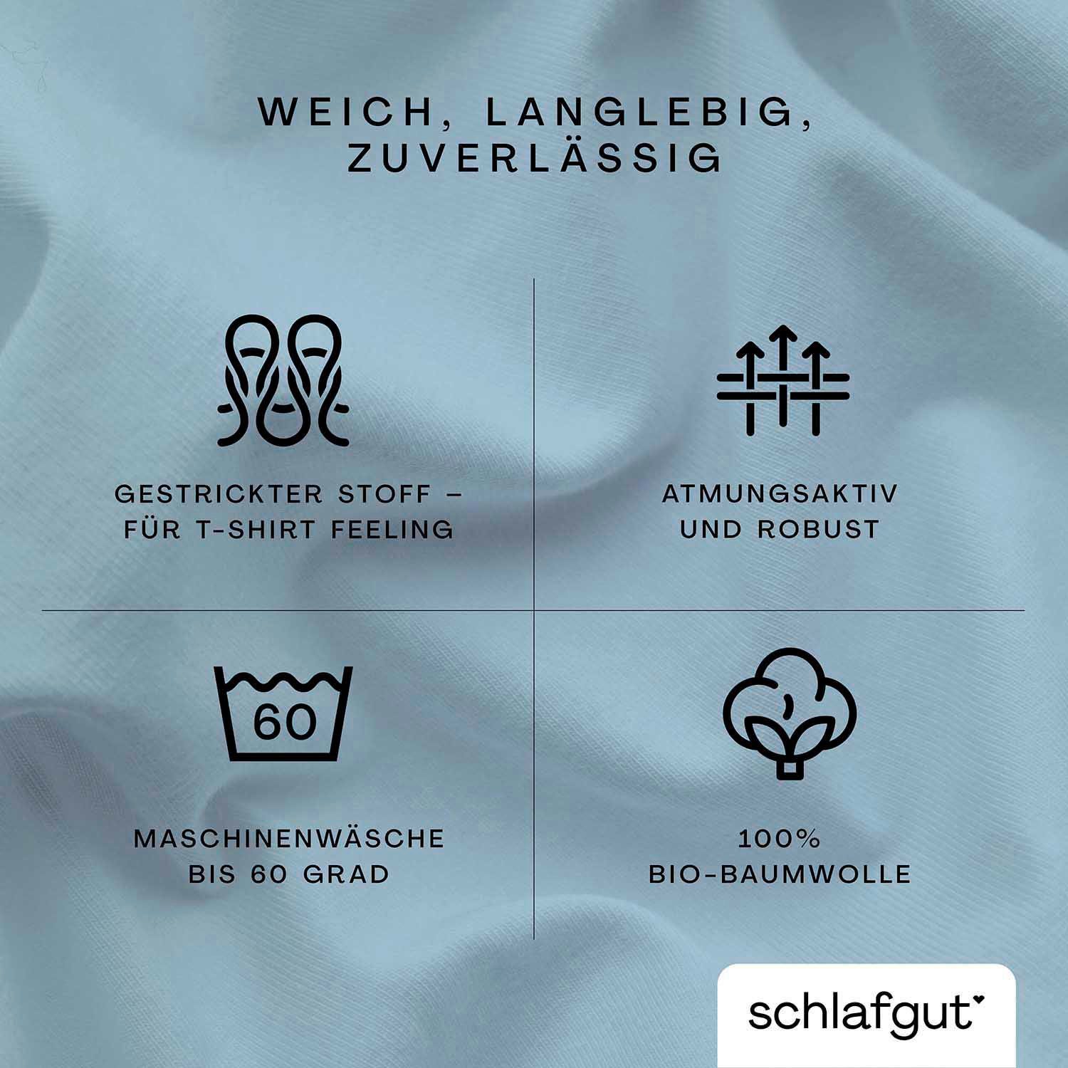 Schlafgut Spannbettlaken CASUAL Bettlaken 100% gekämmte Bio-Baumwolle, 150 g/m², Spannbetttuch, Jersey, Gummizug: rundum, (1 Stück), Bettlaken bis 25 cm Höhe, langlebig, weich, Antipilling-Ausrüstung