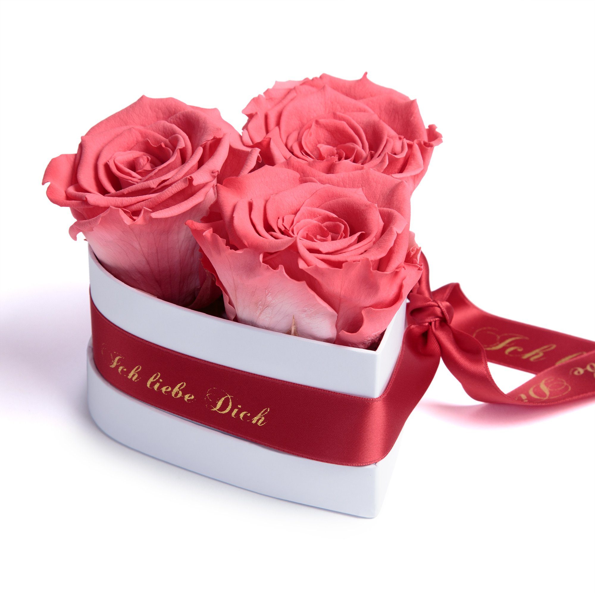 Kunstblume Rosenbox Herz 3 infinity Rosen Ich liebe Dich Geschenk für Sie Rose, ROSEMARIE SCHULZ Heidelberg, Höhe 10 cm, Liebesbeweis Valentinstag korall-rot