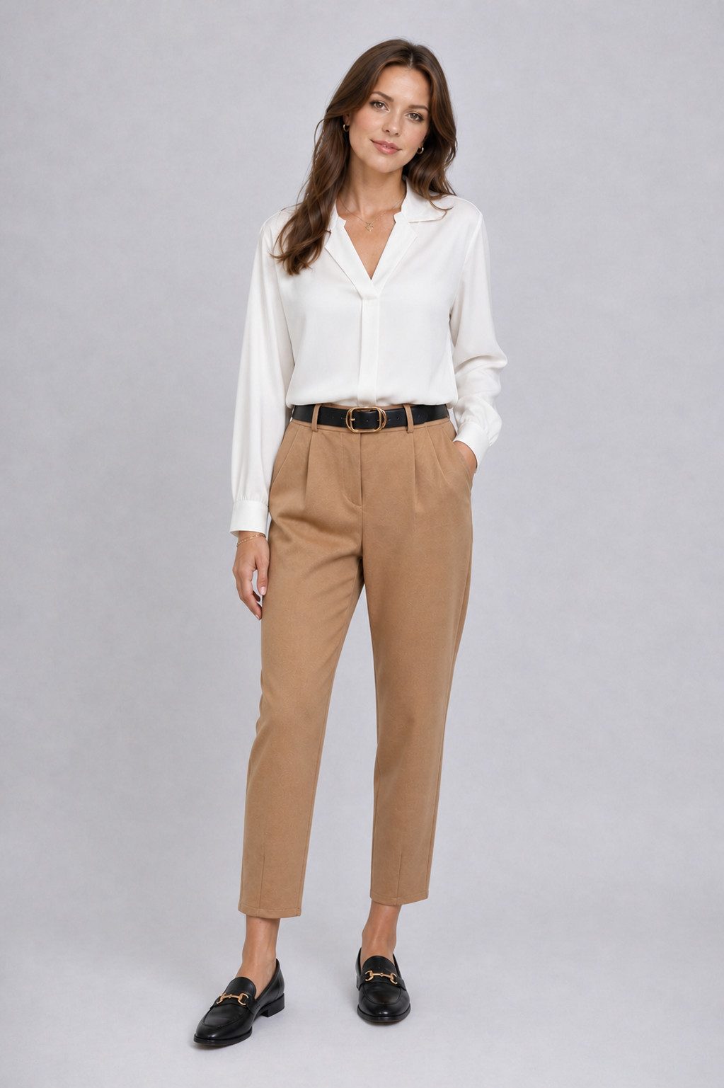 ITALY VIBES Stoffhose - elegante Hose Damen - gratis Gürtel - Chinohose Damen - braun - One Size / passend für Größe S - XL, mit Gratis Gürtel