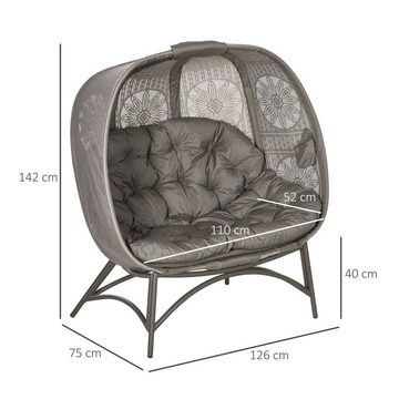 Outsunny Gartenbank Gartenstuhl 2-Sitzer, mit Faltbarem Korb, mit Kissen, Loungesessel (Papasansessel, 1-St., Korb-Stuhl), Für Balkon, Terrasse, Stahl, Sand, 126 x 75 x 142 cm