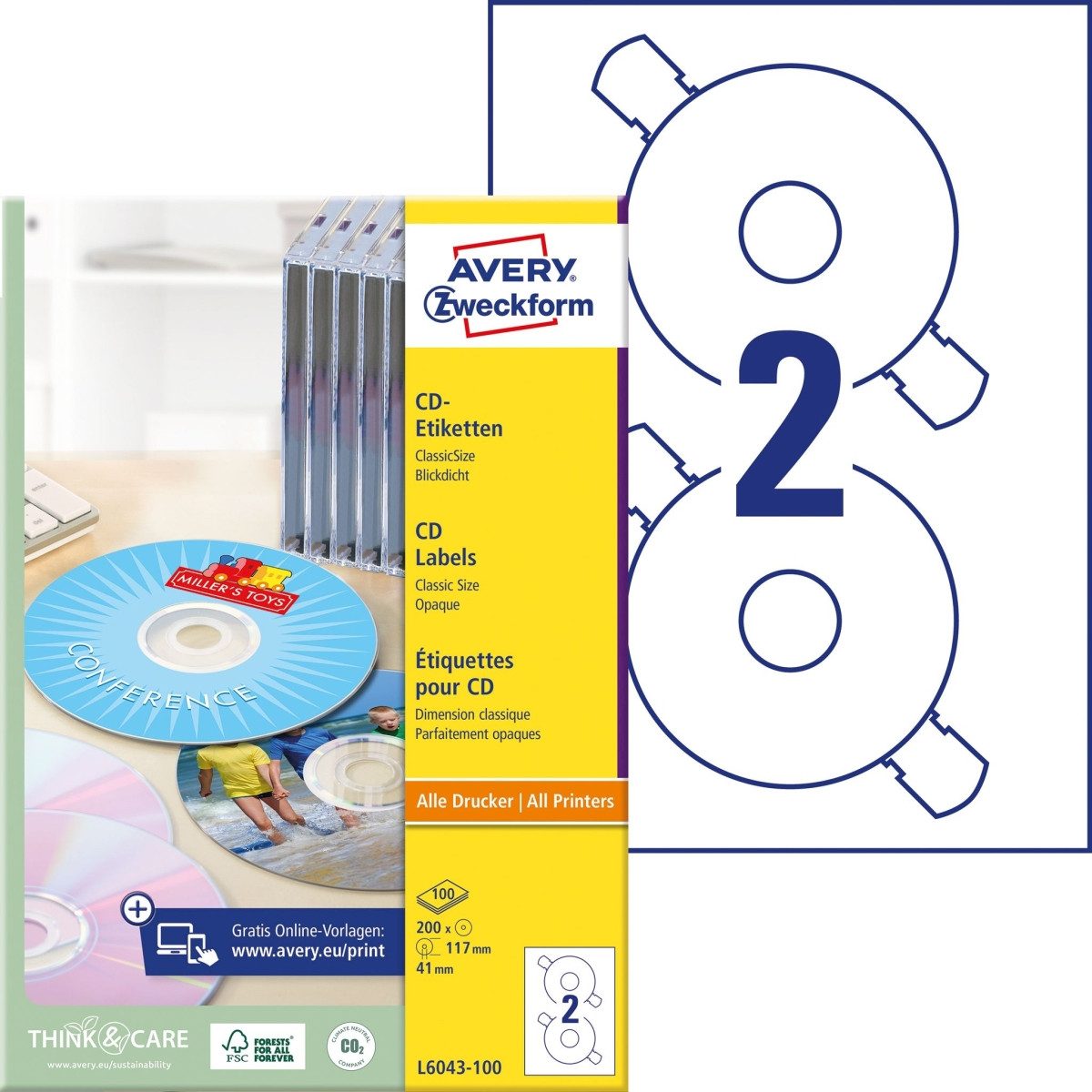 Avery Zweckform Etiketten Etiketten Inkjet/Laser/Kopier 117mm für CDs VE= 200 Stück weiß