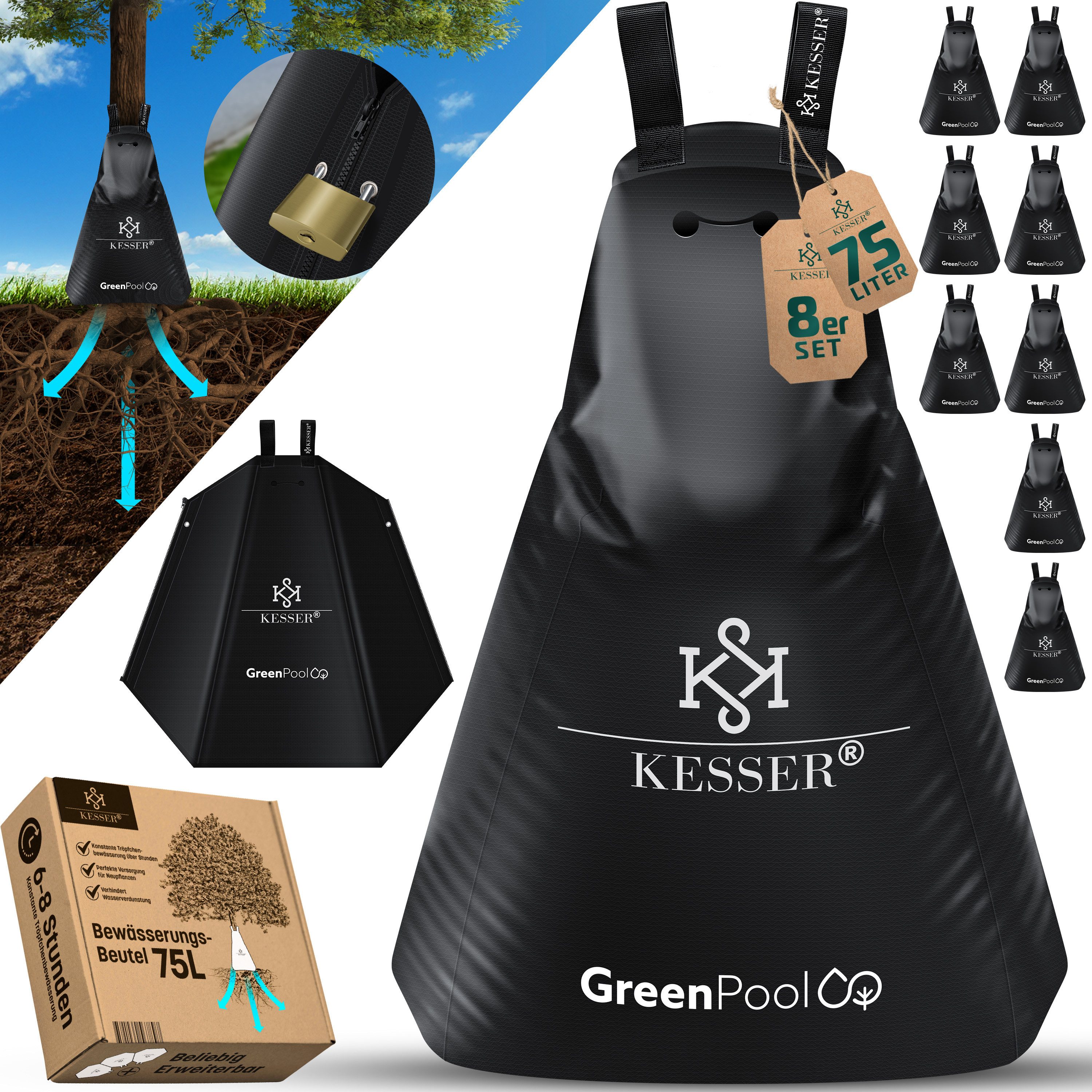 KESSER Tropfer Baum-Bewässerungssack Bewässerungssystem für Bäume, (8-tlg., Bewässerungsbeutel aus UV beständigem PVC mit Schloss & 2x Schlüssel), Baumbewässerungsbeutel, Baumsack für gezielte Bewässerung von Bäumen