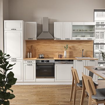 Livinity® Küchenzeile R-Line, Weiß Landhaus/Weiß, 300 cm, AP Anthrazit